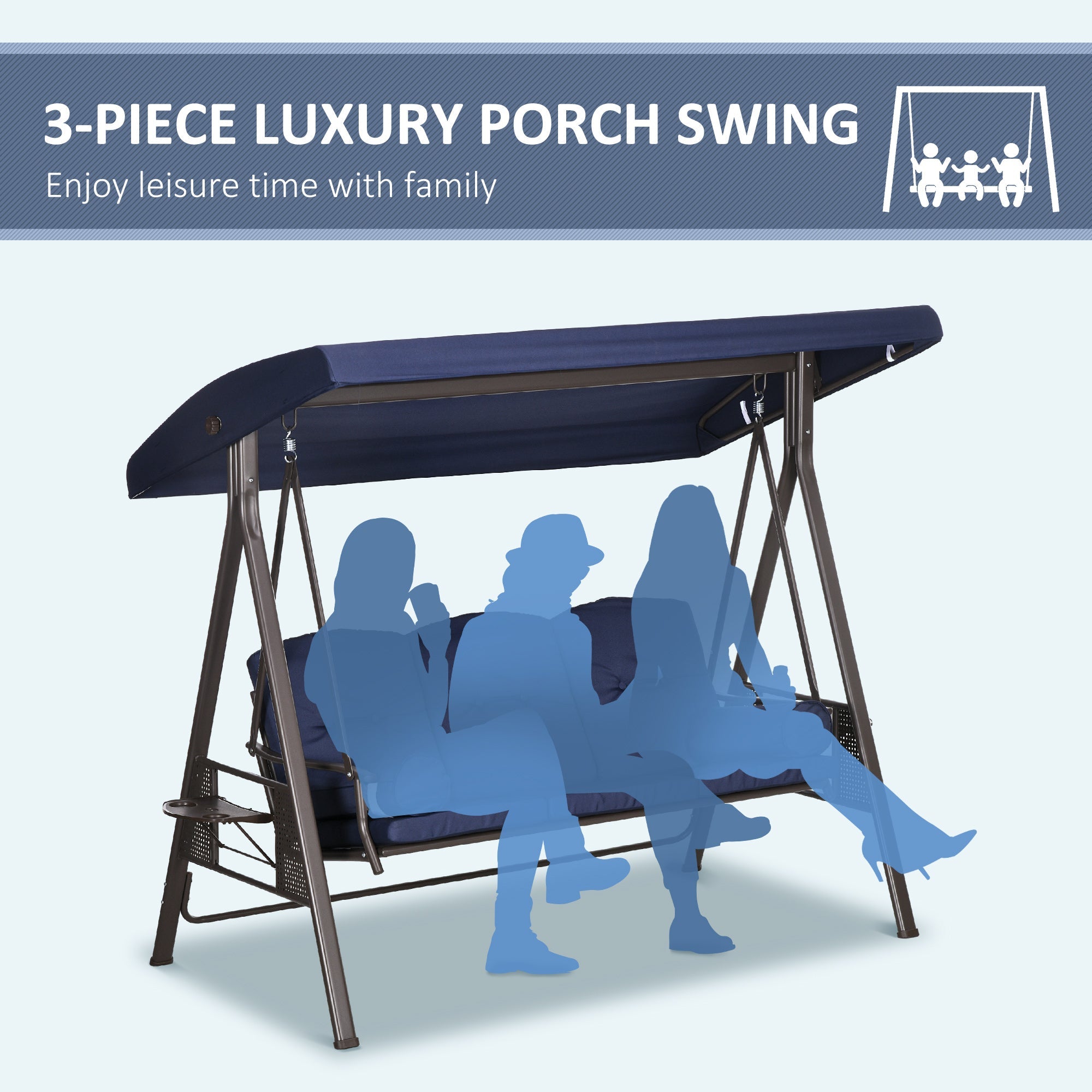 Outsunny Outdoor Patio 3-Person Steel Canopy Cushioned Seat Bench Swing with Included Side Trays & Padded Comfort, Dark Blue