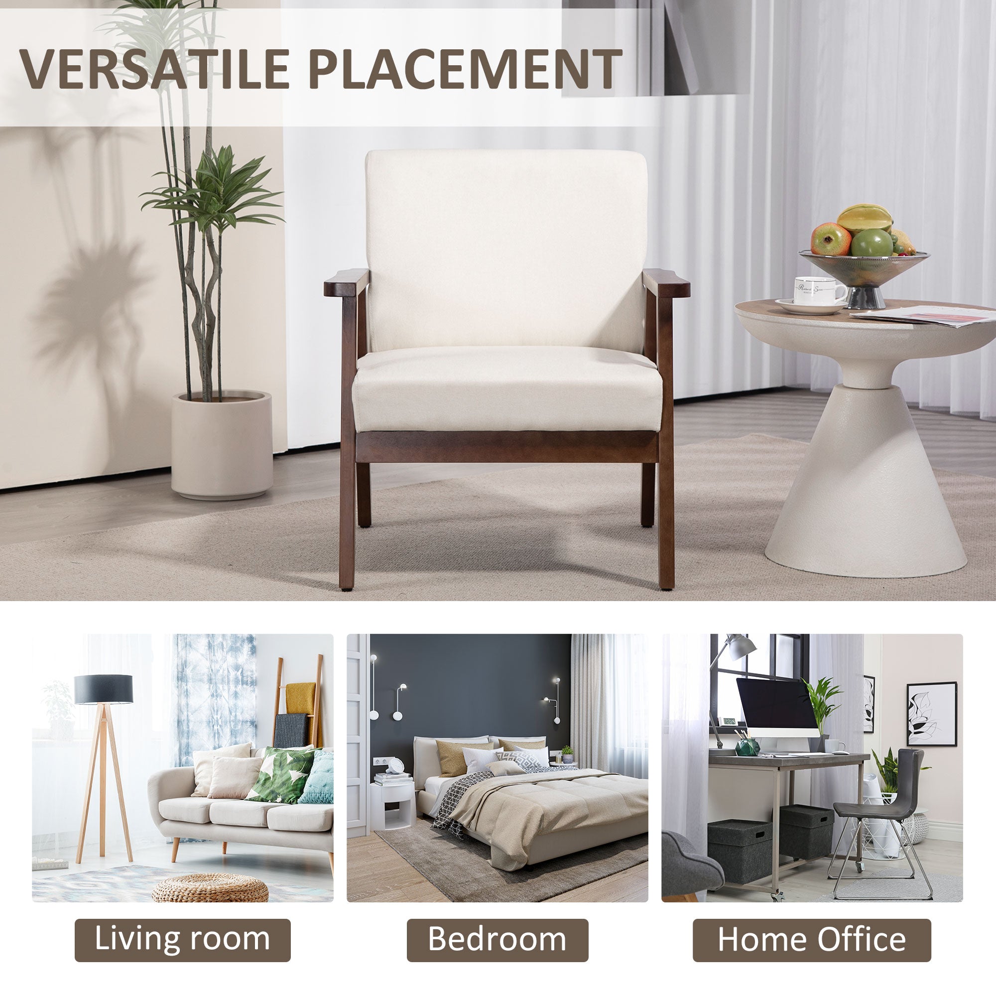 HOMCOM Accent Chair Modern Cushioned Seat Upholstered Linen Armchair Bedroom Living Room Cream White