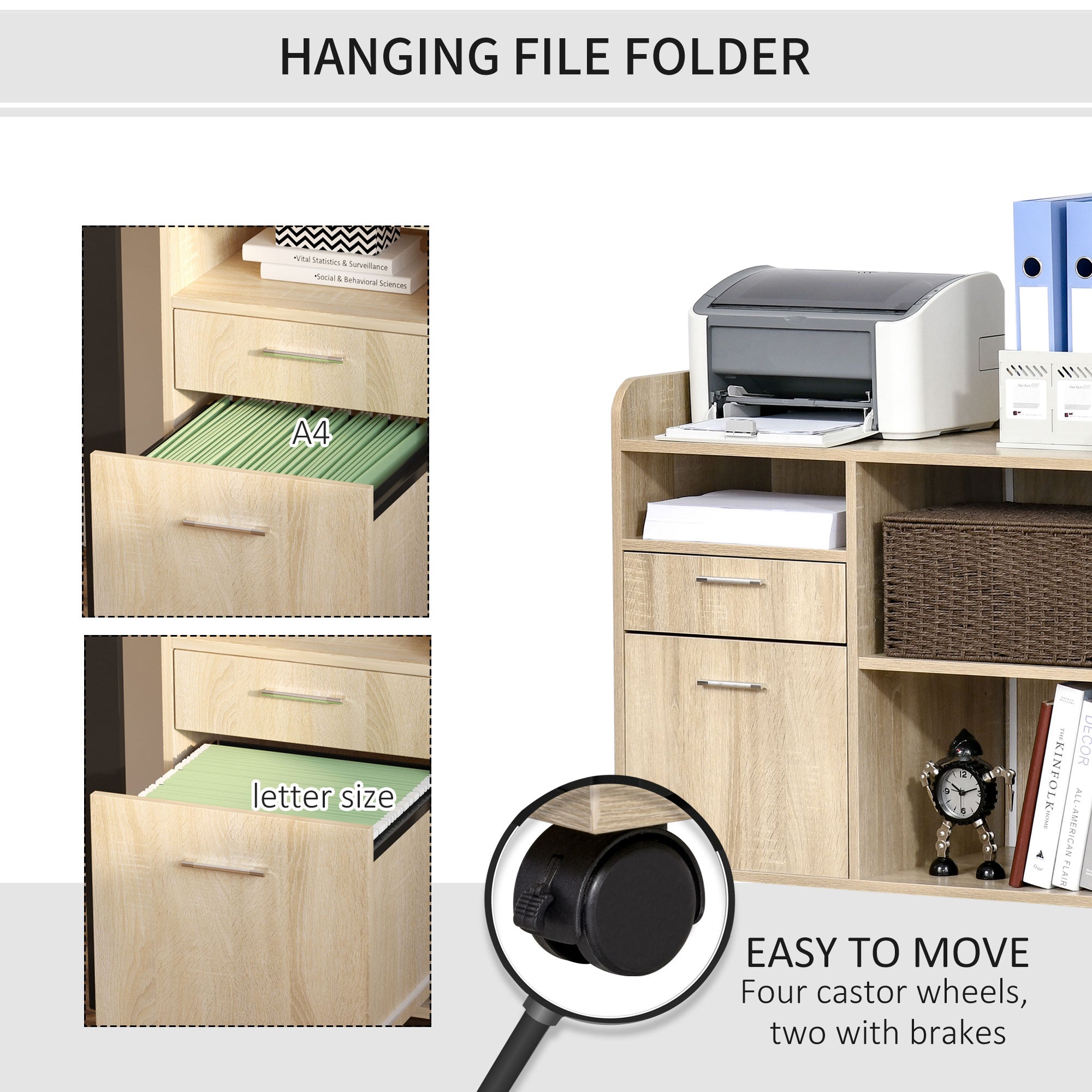 Vinsetto Filing Cabinet: Printer Stand, Mobile, Oak, 2 Drawers, Adjustable Open Shelves, Office