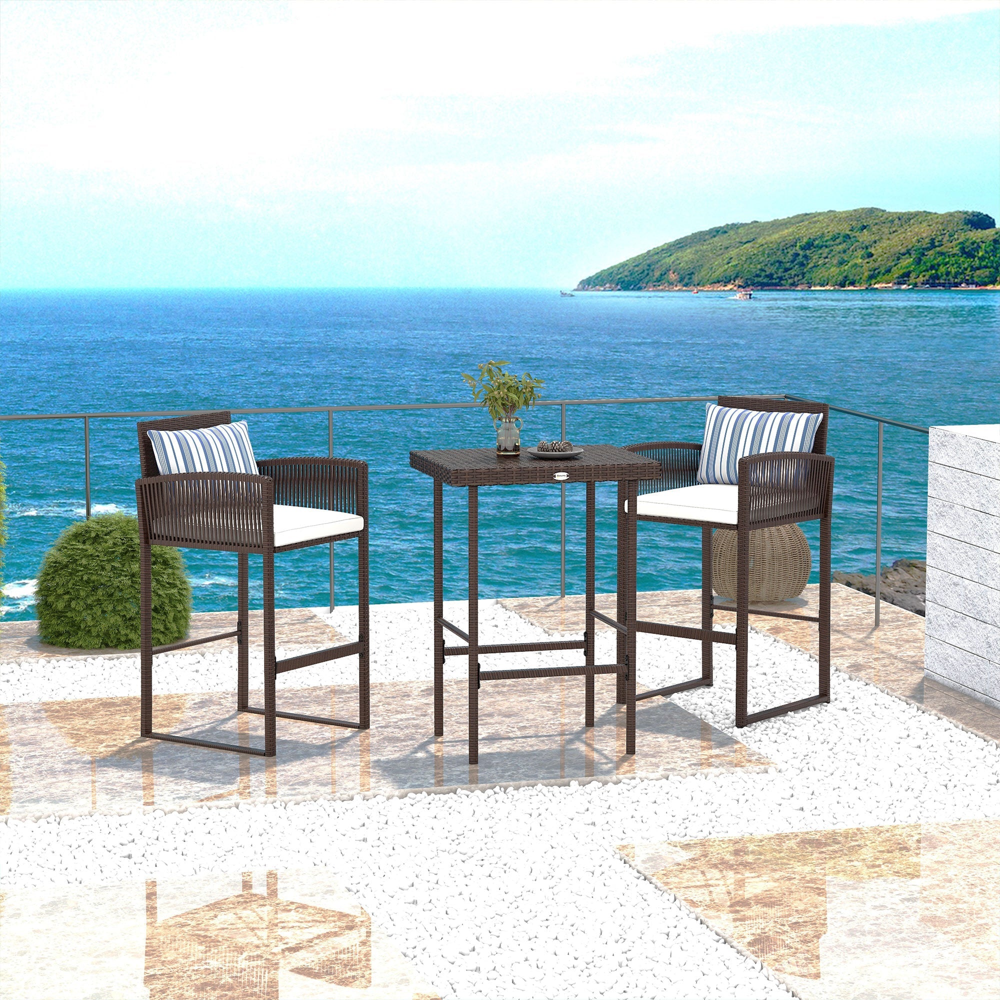 Outsunny 3-Piece Wicker Bar Set Patio Bar Table Chair with Cushions Poolside 25.2" x 19.3" x 37" White