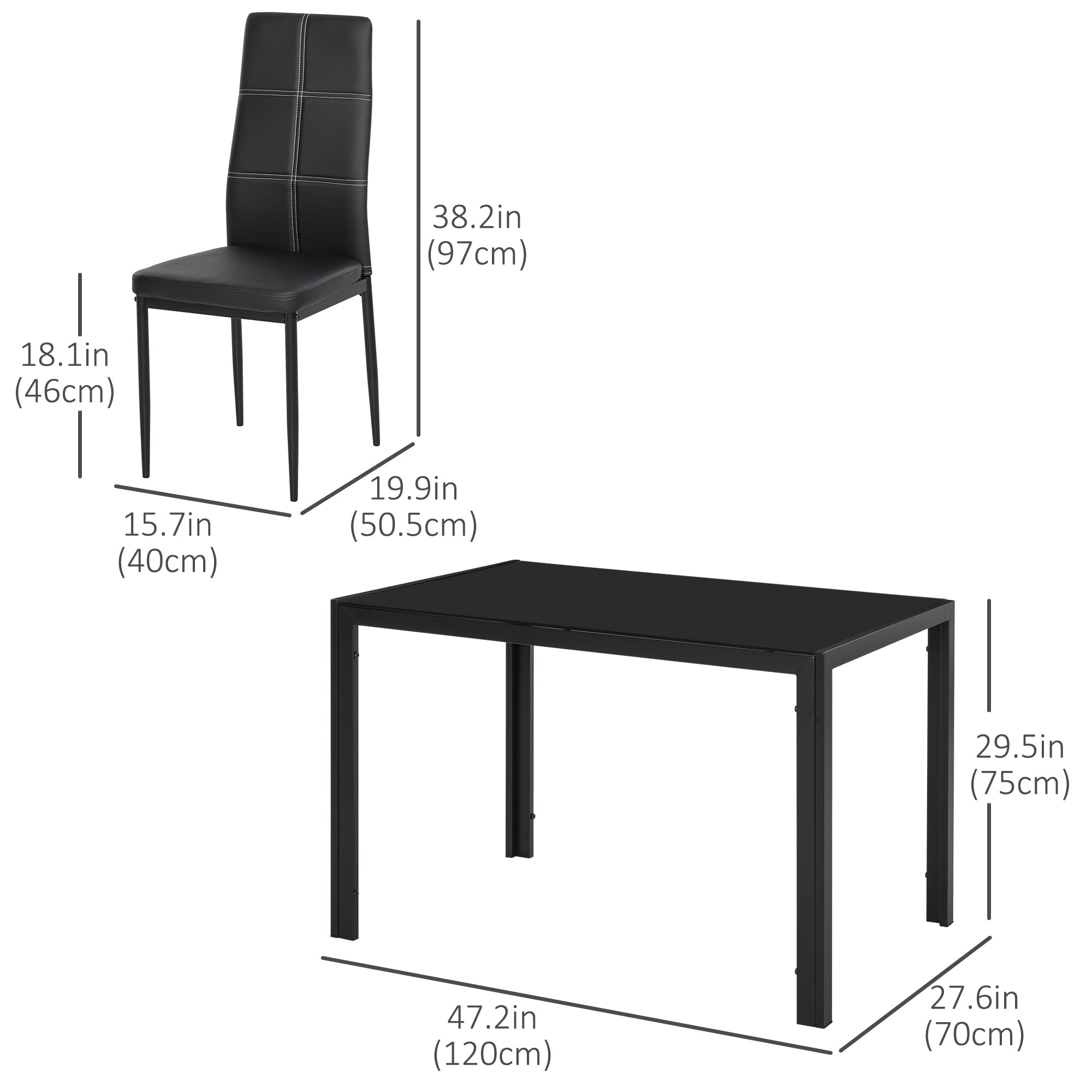 HOMCOM 5-Piece Rectangular Glass Dining Table Set for 4 with Metal Frame Faux Leather Chairs Kitchen Furniture Black