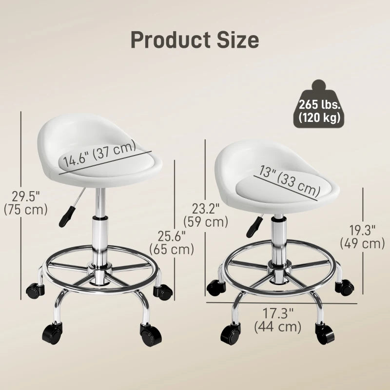 PU Leather Rolling Stool, Height Adjustable Swivel Salon Chair with Backrest and Foot Rest for Spa, Tattoo, White