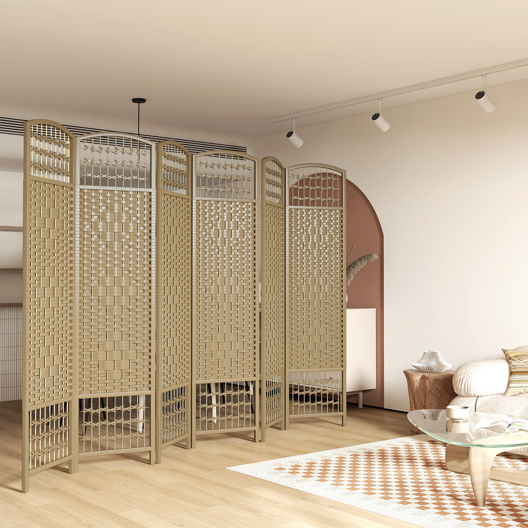 HOMCOM 6-Panel Folding Room Divider: Portable Privacy Screen, Wave Fiber Room Partition for Home Office, Natural