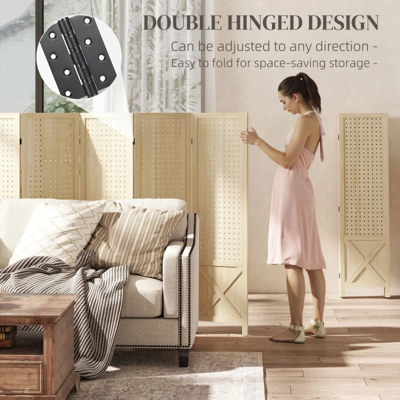 Wooden Room Divider with Pegboard Display, 8 Panel Folding Privacy Screen for Home Office, Natural Wood