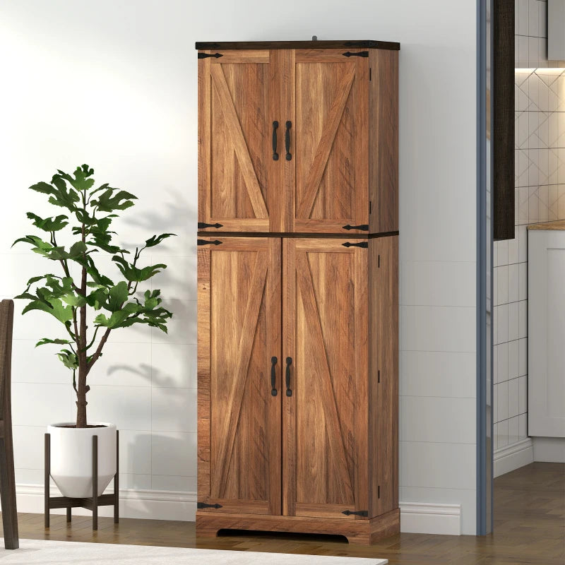 64" Tall Kitchen Pantry Cabinet with Spice Racks and Adjustable Shelves, Brown Wood Grain