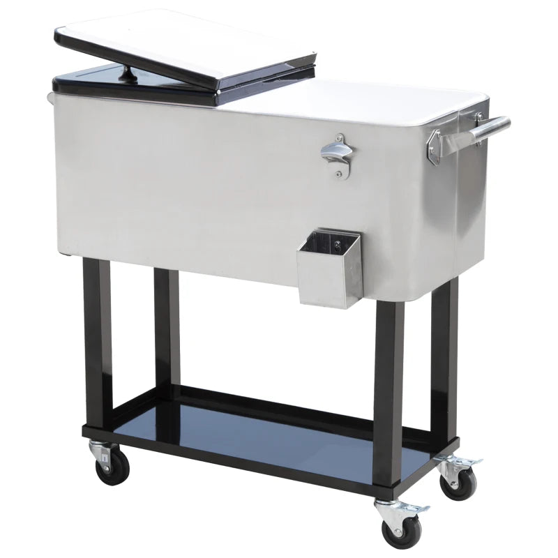 80 Quart Rolling Cooler Cart Ice Beer Beverage Cooling Bin for Outdoor Party, 35.4" x 15.4" x 32.7", Silver
