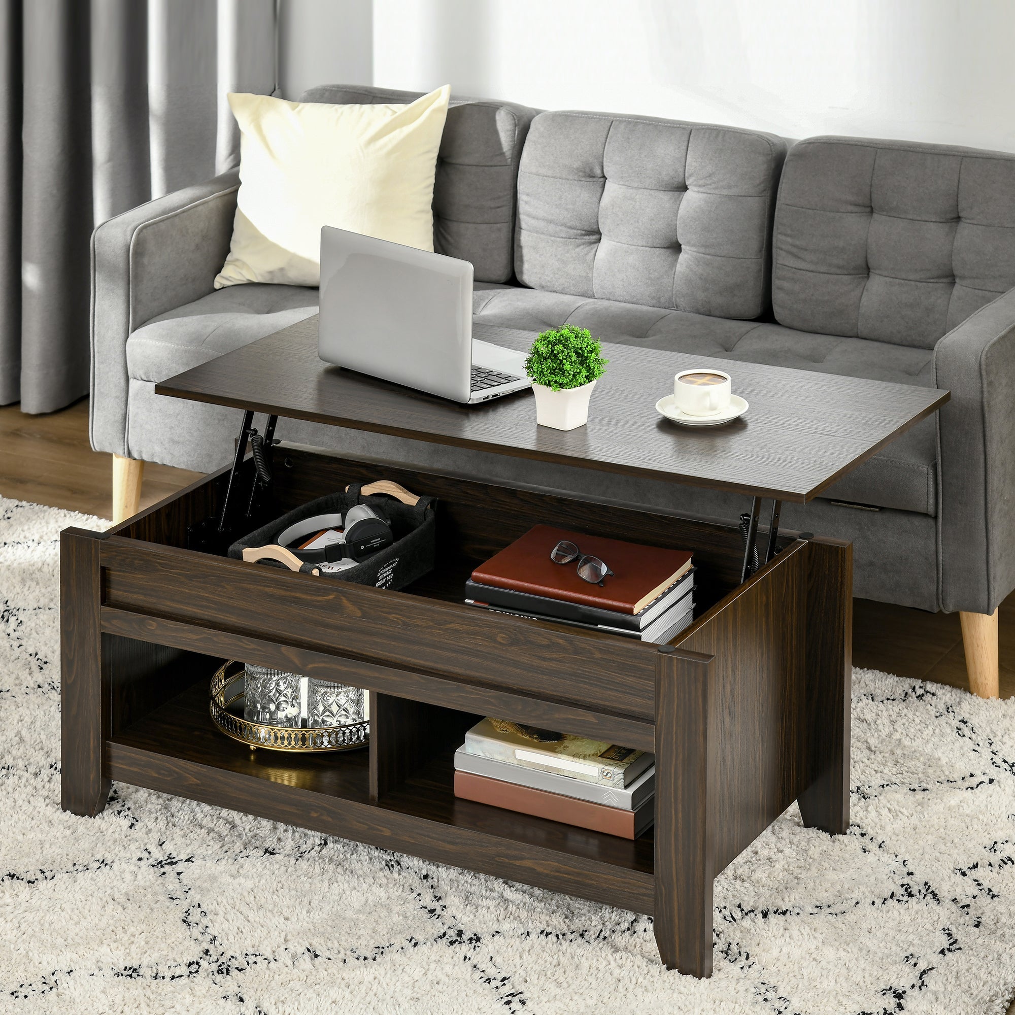 HOMCOM Dark Walnut Lift Top Coffee Table: Pop-Up Center Table with Hidden Storage, Open Shelves for Living Room