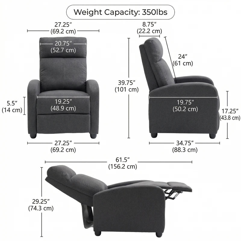Fabric Recliner Sofa Manual Recliner, Home Theater Seating Single Reclining Sofa Chair with Padded Seat for Living Room, Dark Grey