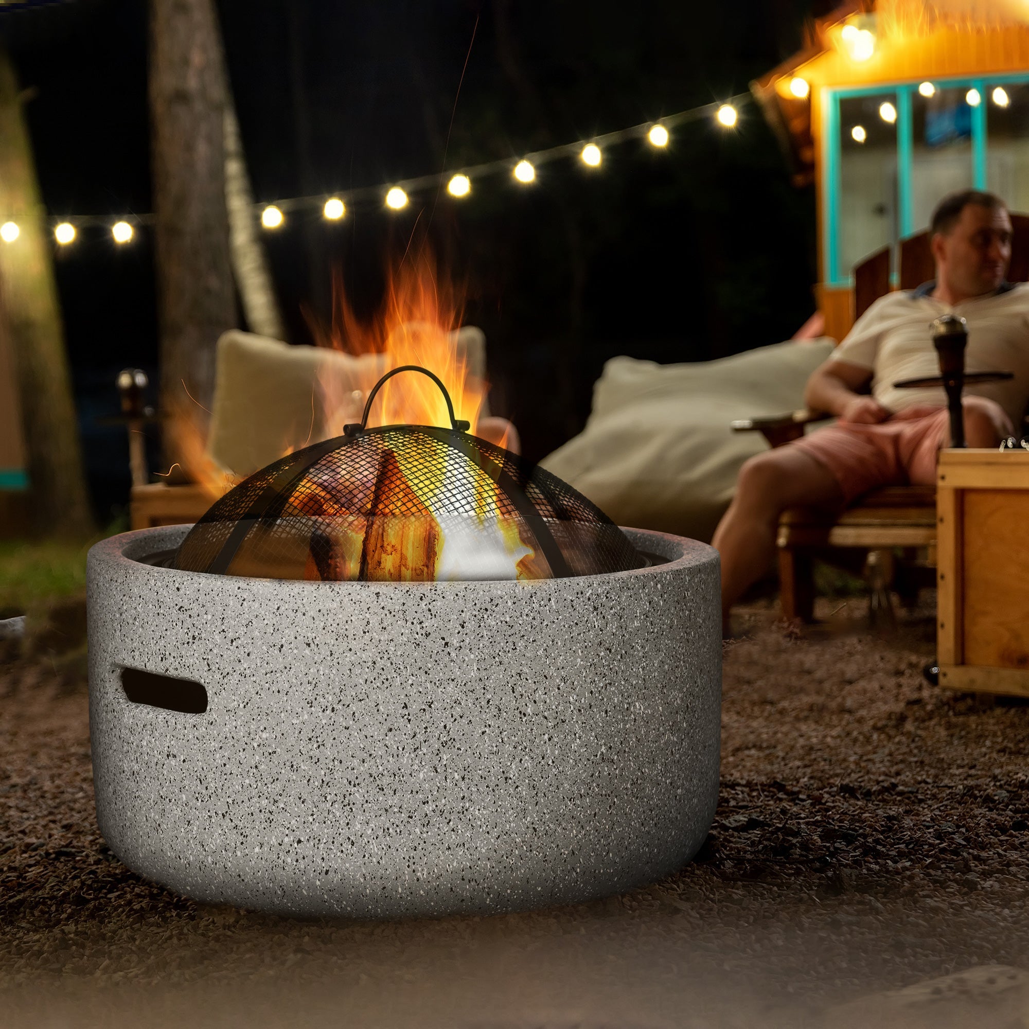 Outsunny 18" Round Outdoor Fire Pit Grey with Poker Spark Screen Wood-burning Bowl Handles Backyard Camping