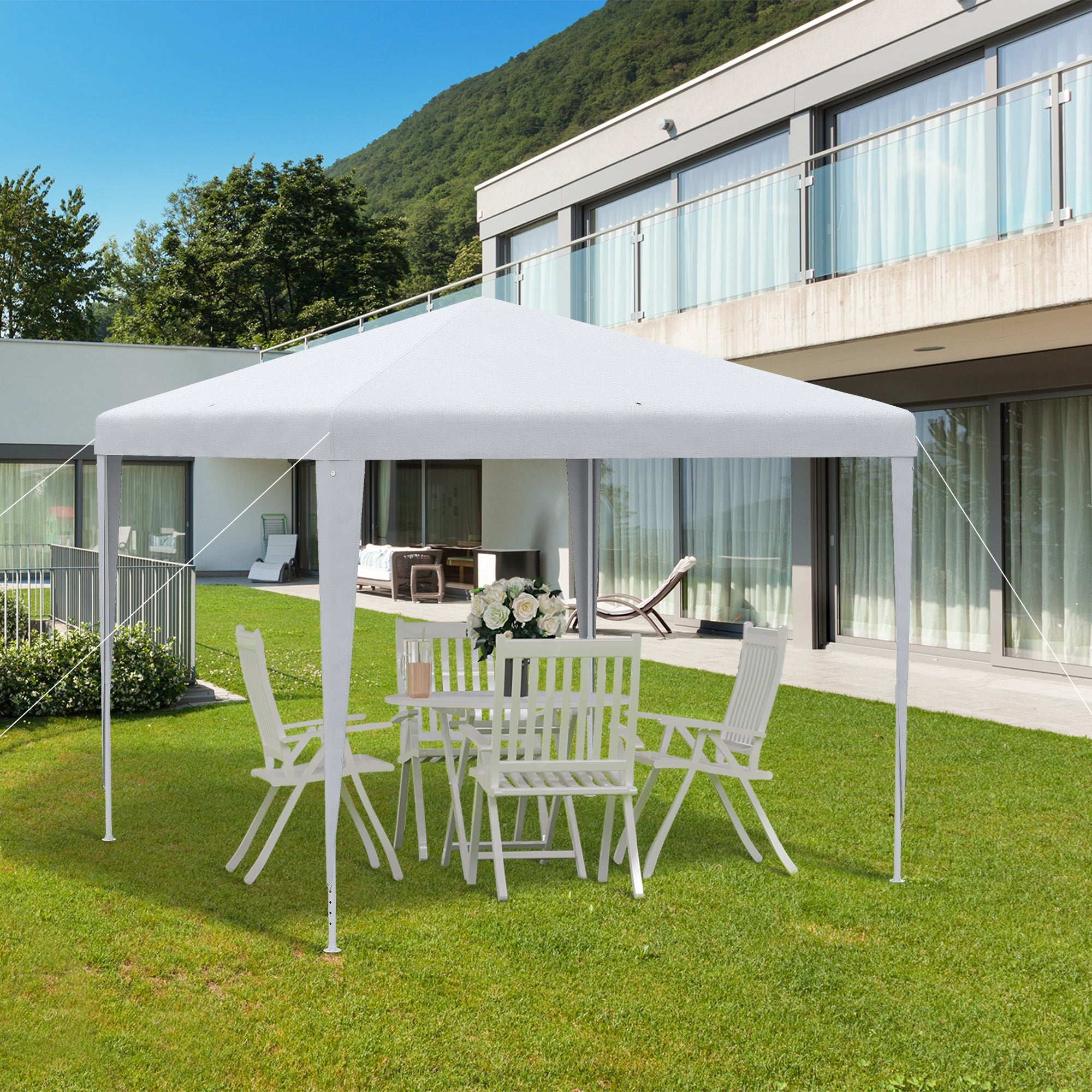 Outsunny 9' x 9' Portable Canopy Party Tent Gazebo Outdoor Sunshade for Weddings Parties with Dressed Legs, White