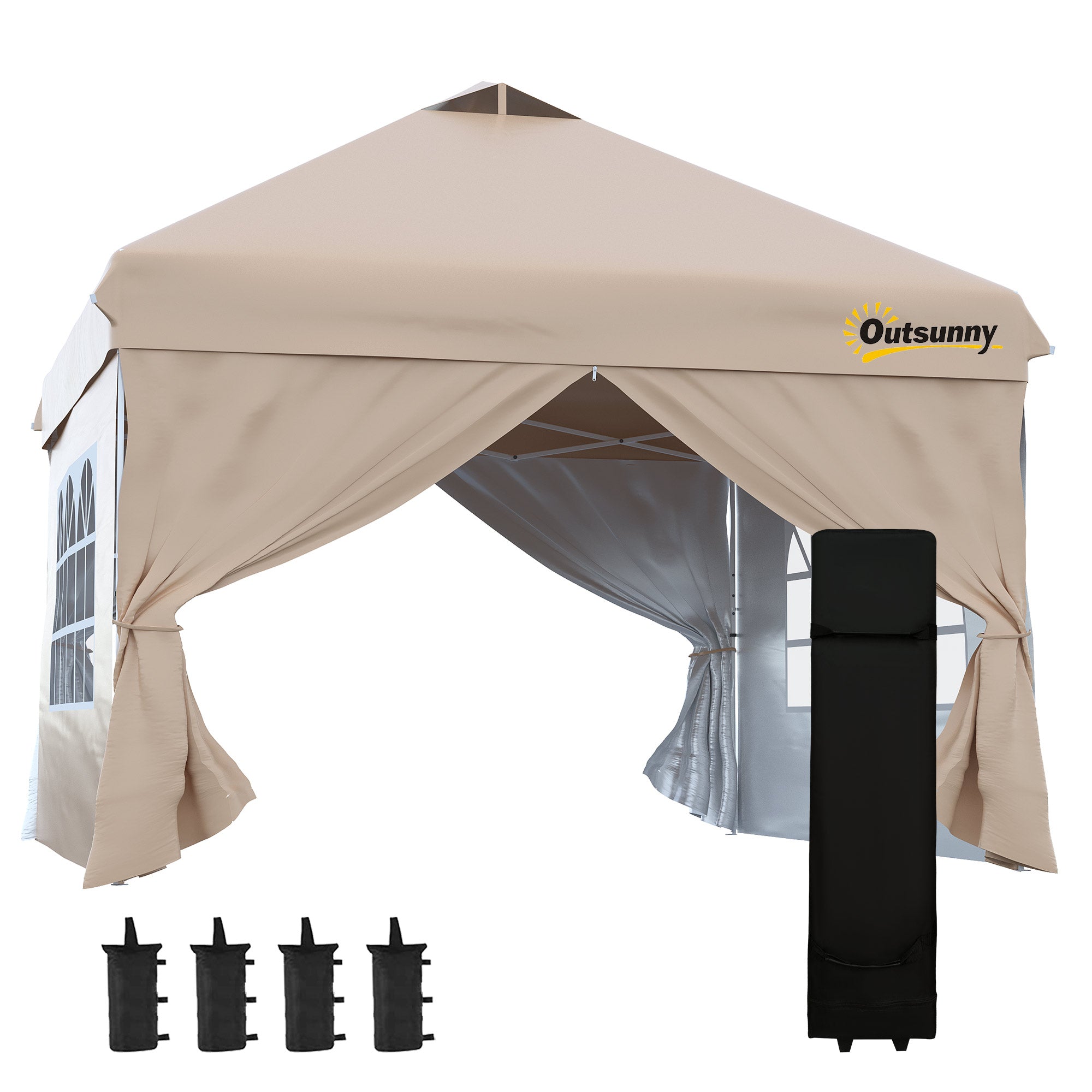 Outsunny 10' x 10' Pop Up Canopy Tent, Instant Shelter Tent with Sidewalls, Windows, Roller Bag and Sand Bags for Garden, Patio, Beige