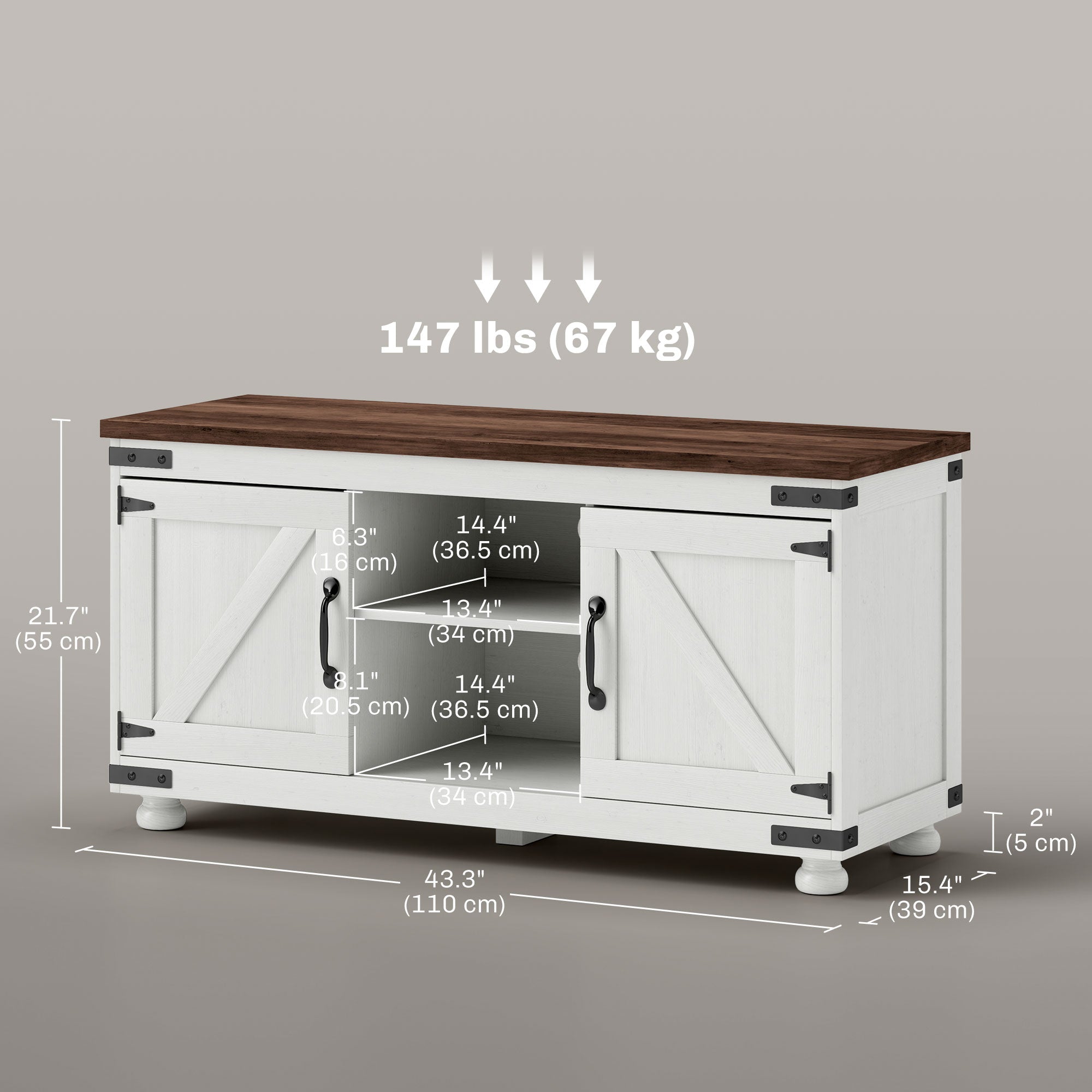 HOMCOM Farmhouse TV Stand for TVs up to 50" Barn Doors Cable Management Living Room Distressed White