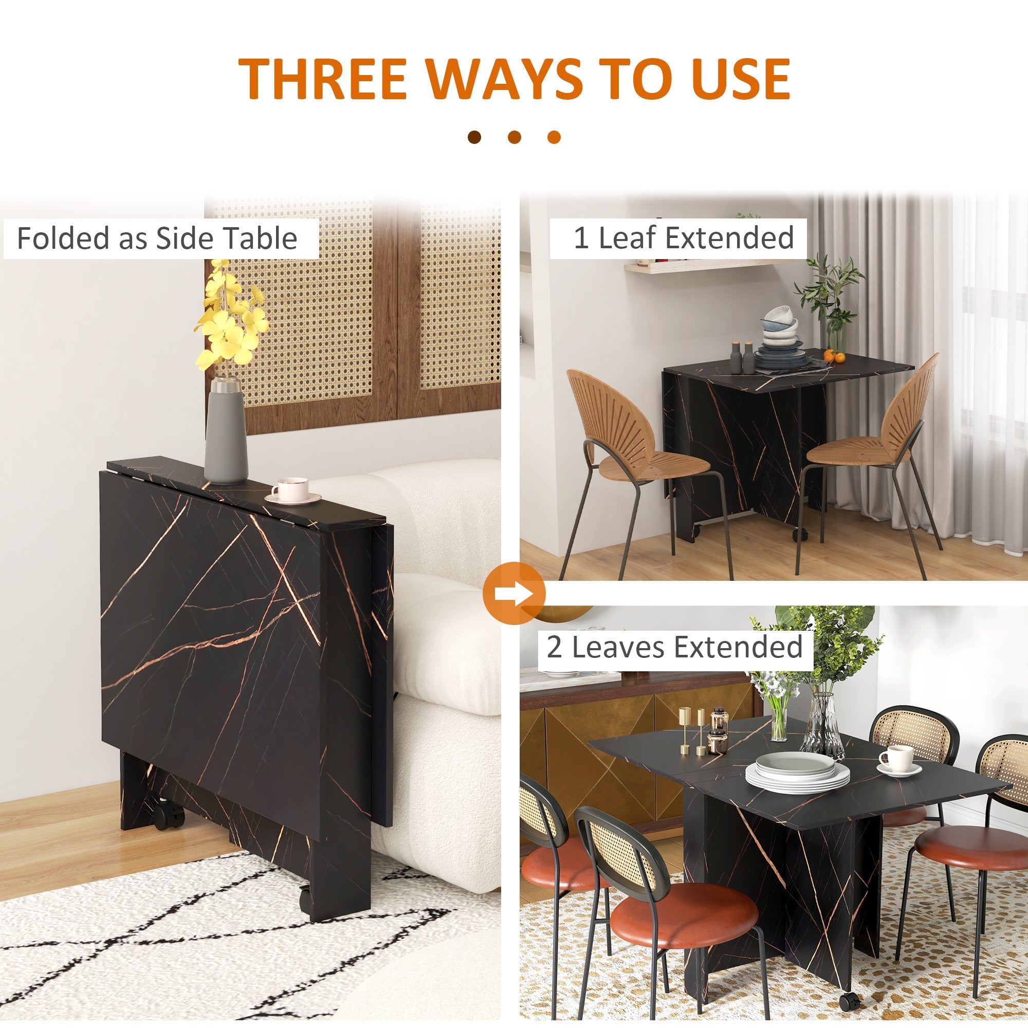 HOMCOM 6-Person Folding Dining Table with Wheels Drop Leaf Faux Marbled Black Side Table for Kitchen Dining Room