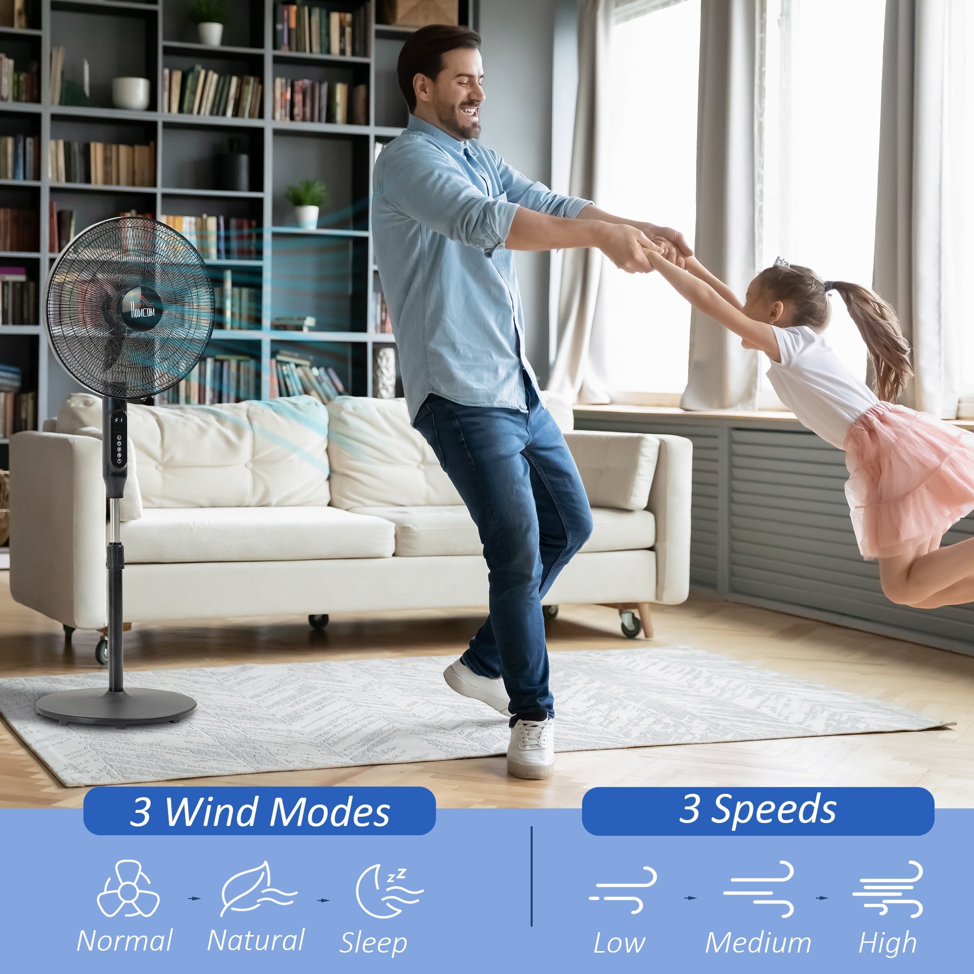 HOMCOM Standing Floor Fan Remote Control Stand Up Cooling Tall Pedestal Electric Bedroom Black