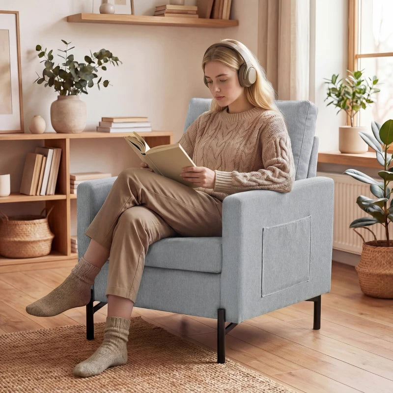 Accent Chair Modern Upholstered Armchair with Side Pockets and Cushion for Bedroom, Living Room, Light Grey