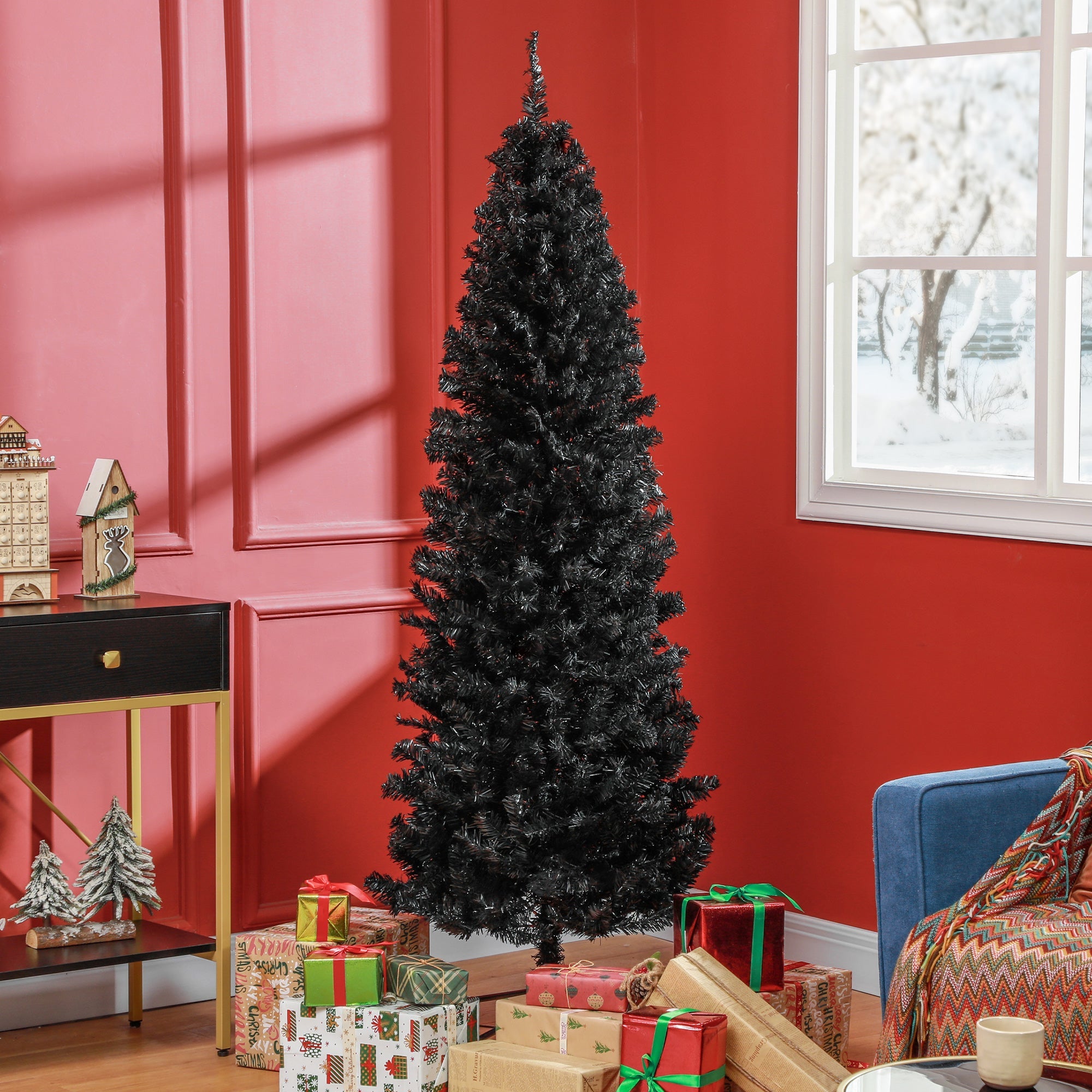 HOMCOM 7FT Pencil Christmas Tree, Artificial Christmas Tree with Automatic Open for Home Party, Black