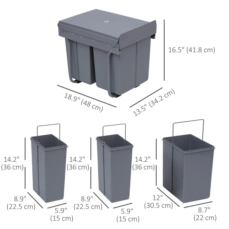 Pull Out Trash Can Under Cabinet, 10.6 Gallon (40L) Slide Out Garbage Can with 3 Removable Compartments, Grey