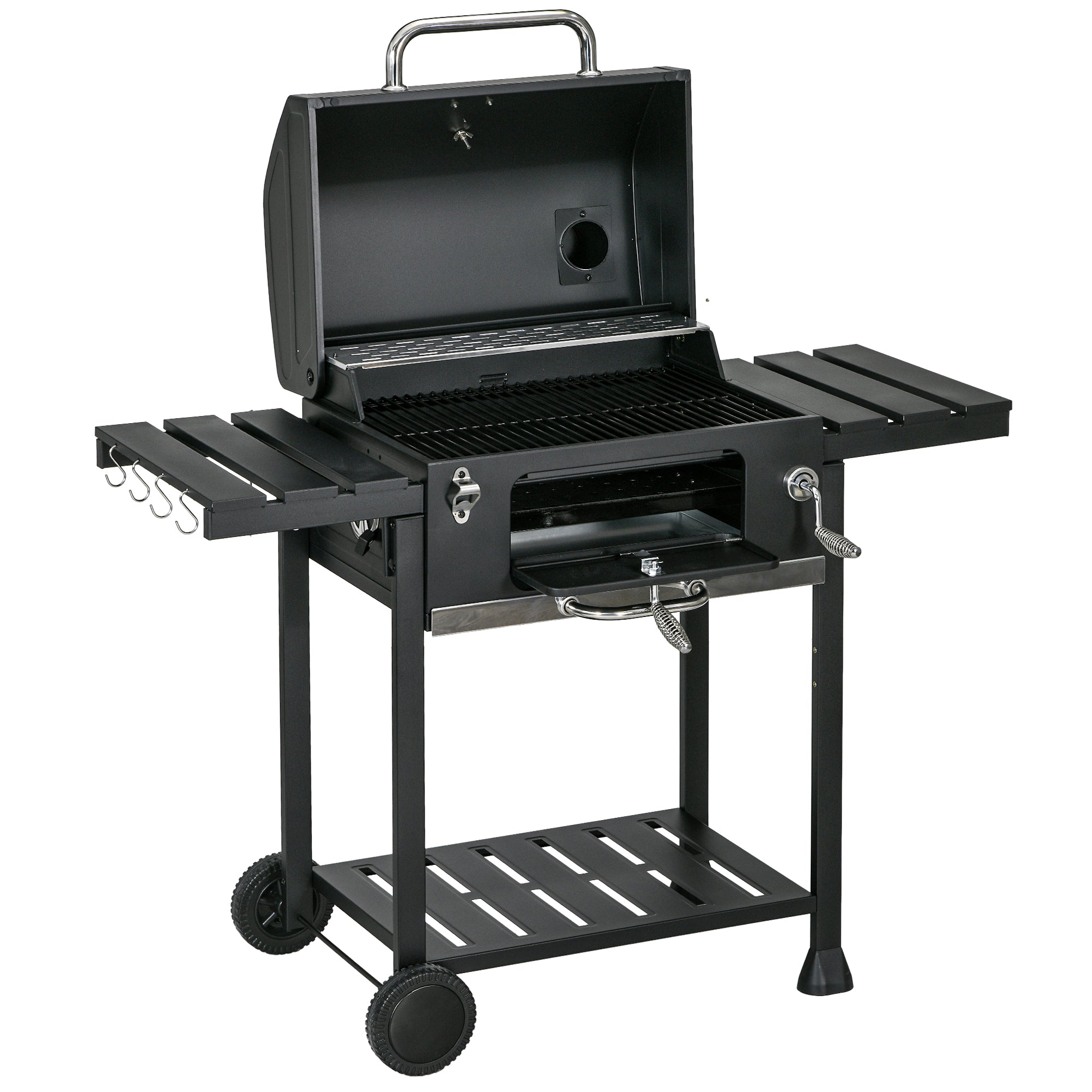 Outsunny Charcoal BBQ Grill Smoker, Adjustable Charcoal Pan, Galvanised Steel, Barbecue Trolley with Storage, Outdoor Cooking