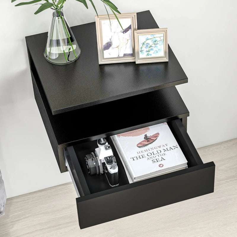 Floating Nightstand Set of 2, Wall Mounted Bedside Table with Drawer and Shelf, Small Night Stand for Bedroom, Black