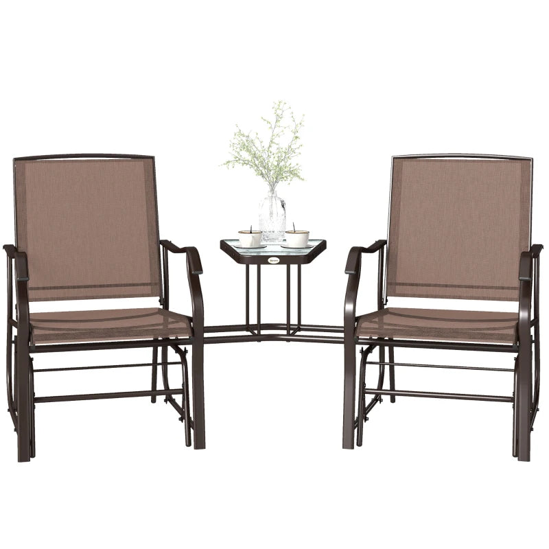 Double Patio Glider Chair with Glass Top Center Table, Outdoor Glider Loveseat with High Back, All Weather Breathable Mesh Fabric for Garden, Backyard, Deck, Brown