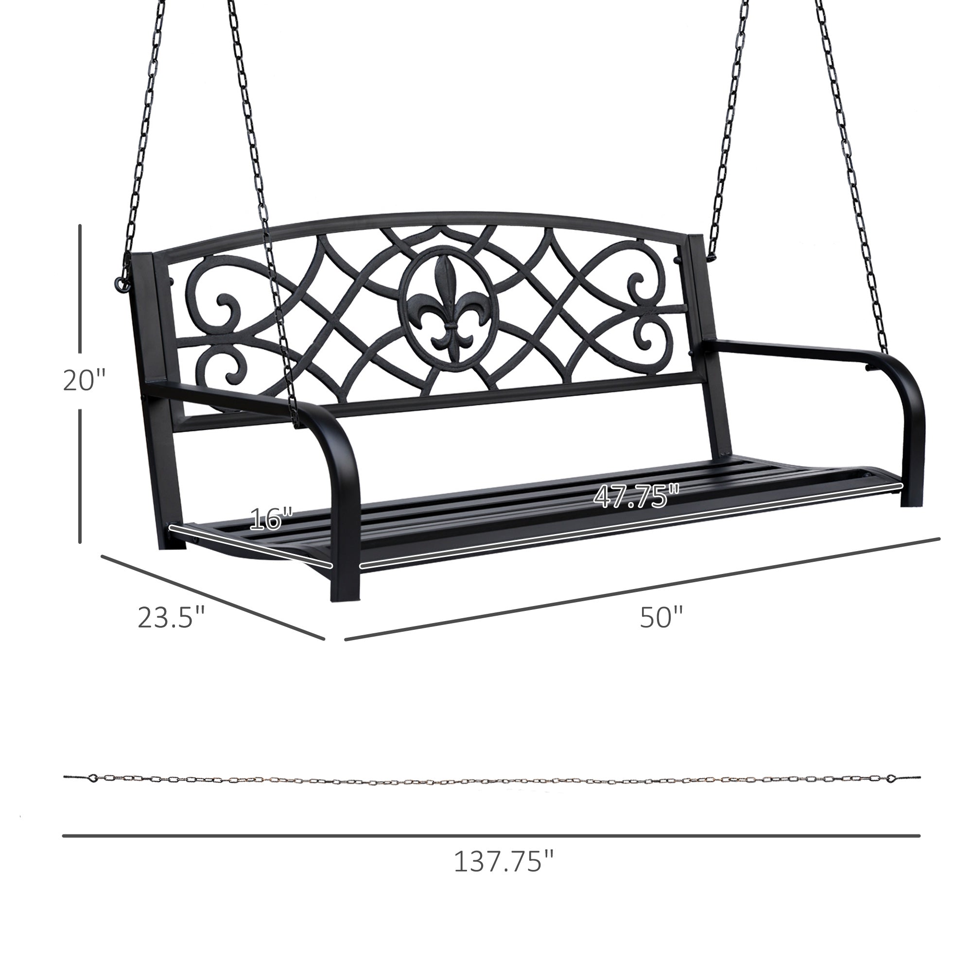 Outsunny Porch Swing: 2-Person Glider Chair Fleur De Lis Design Steel Frame Black