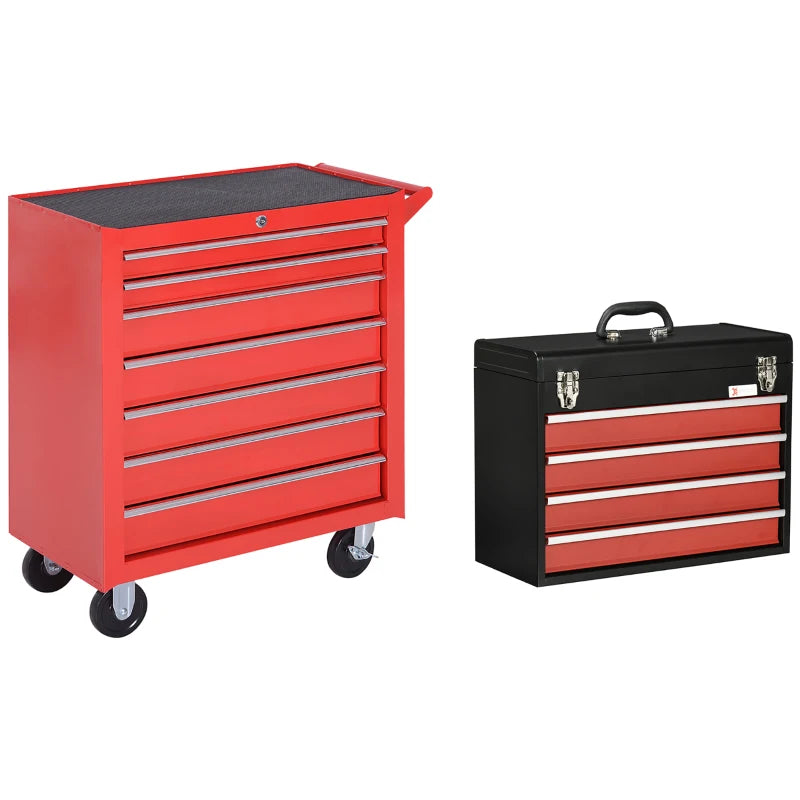 Lockable Tool Chest and Tool Box Set of 2, 7 Drawer Tool Cabinet with Wheels, 4 Drawer Portable Tool Chest with Handle for Garage, Factory, Workshop, Red