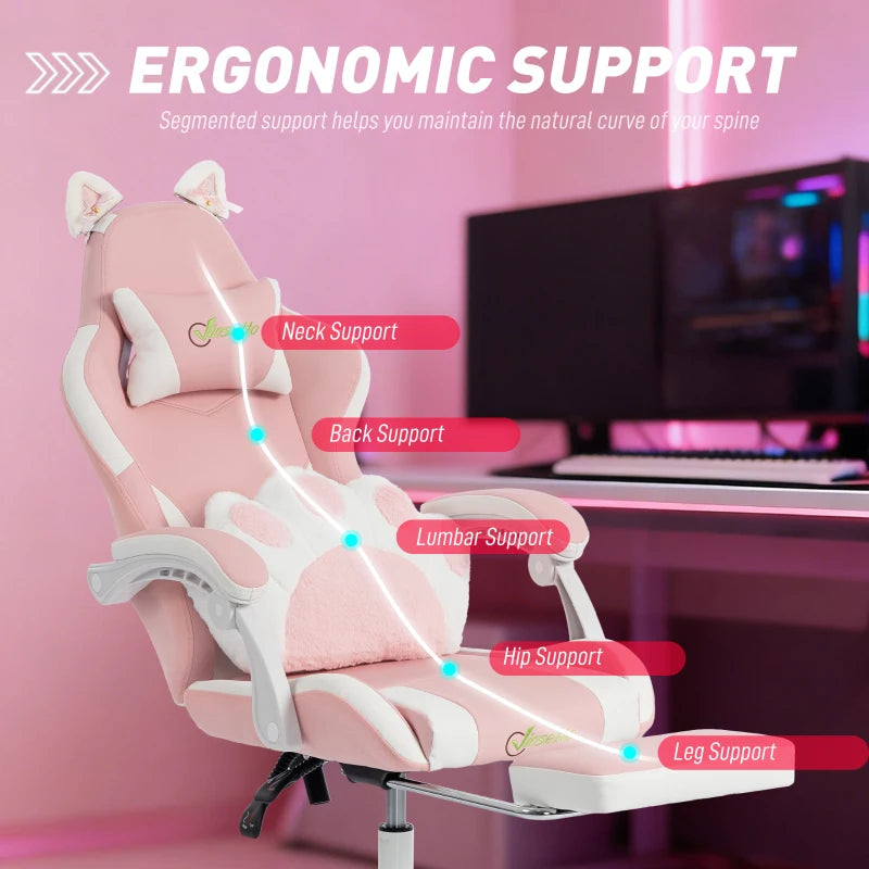 Cute Pink Gaming Chair with Cat Ears, Lumbar Support, Headrest & Footrest