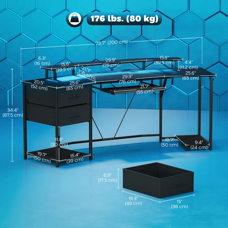 79 inch Gaming Desk with RGB Lights, Computer Table with Power Outlets & USB Ports, Keyboard Tray and 2 Drawers, Black
