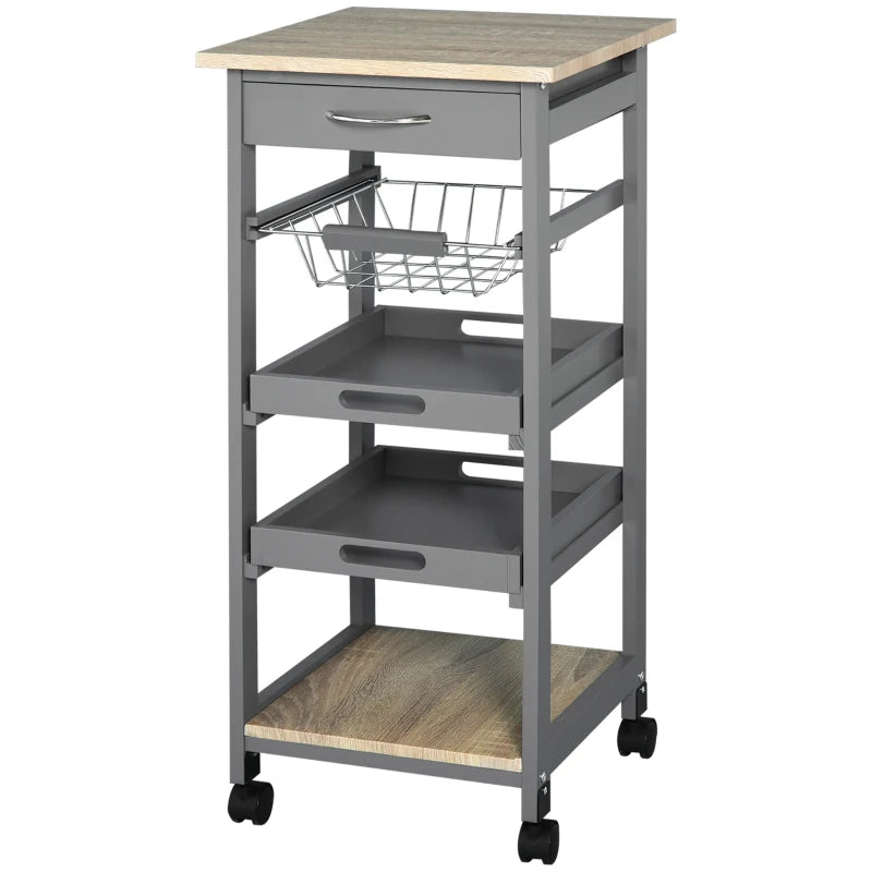 Rolling Kitchen Island Cart, Mobile Utility Storage Cart with Drawer, Wire Storage Basket, Removable Tray, Grey