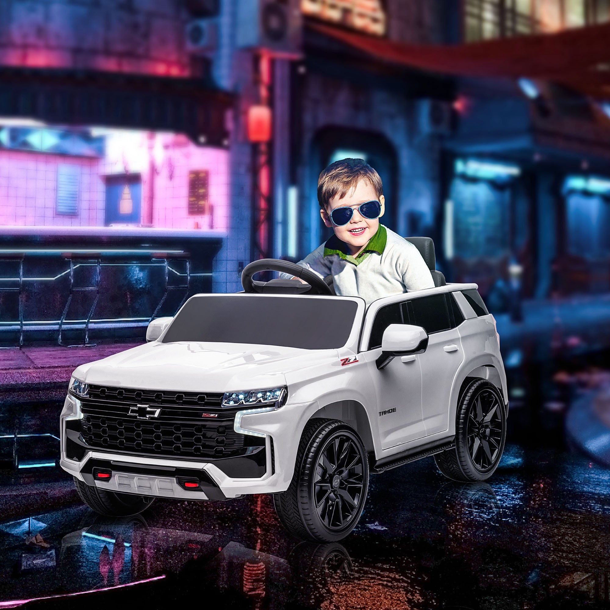 Aosom 12V Chevrolet TAHOE Ride-On: Remote Control, 3 Speeds, LED Lights, Horn, Music Player for 3-6 Years, White
