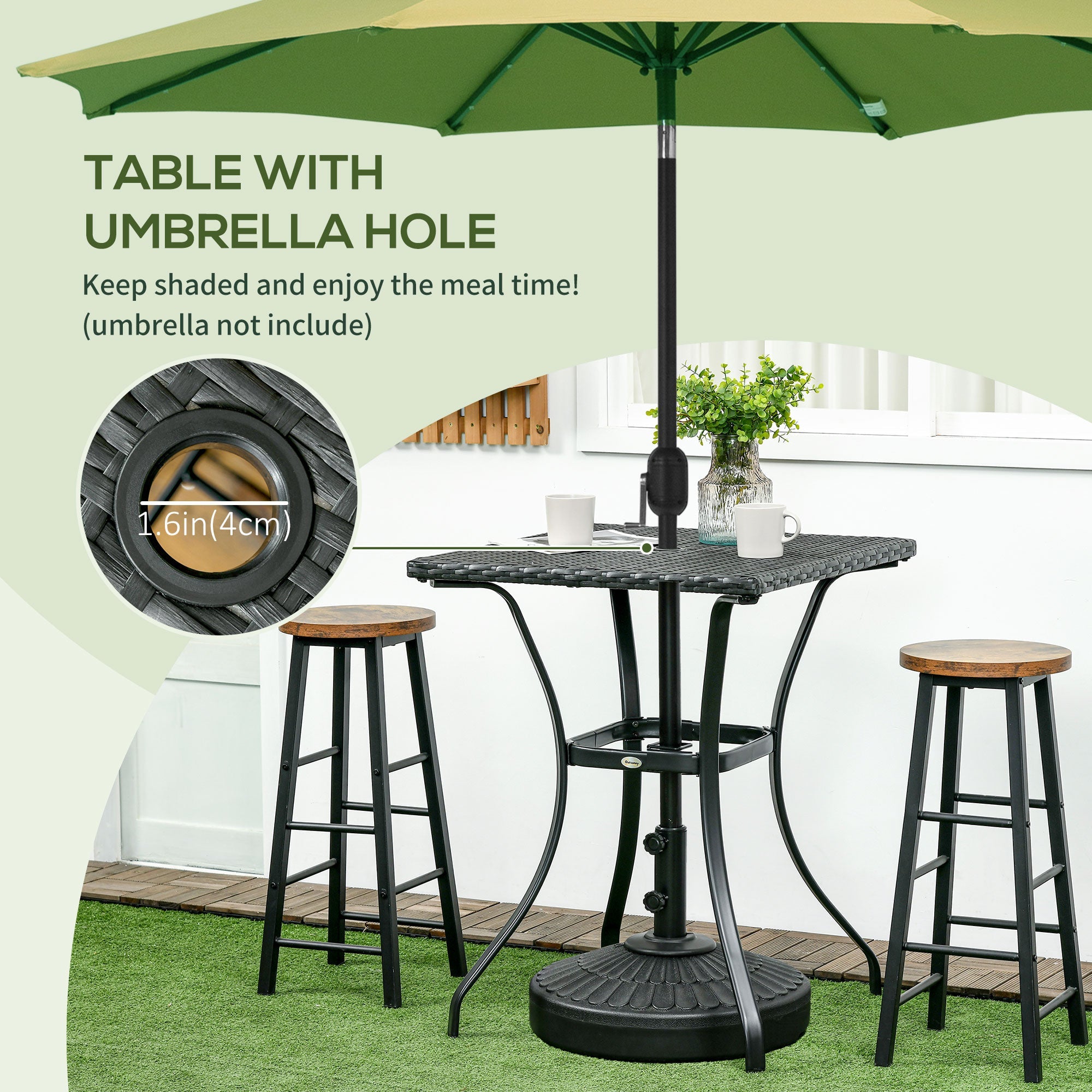 Outsunny Black Wicker Patio Panache: Outdoor Rattan Coffee Table with Umbrella Hole, Plastic Board Top