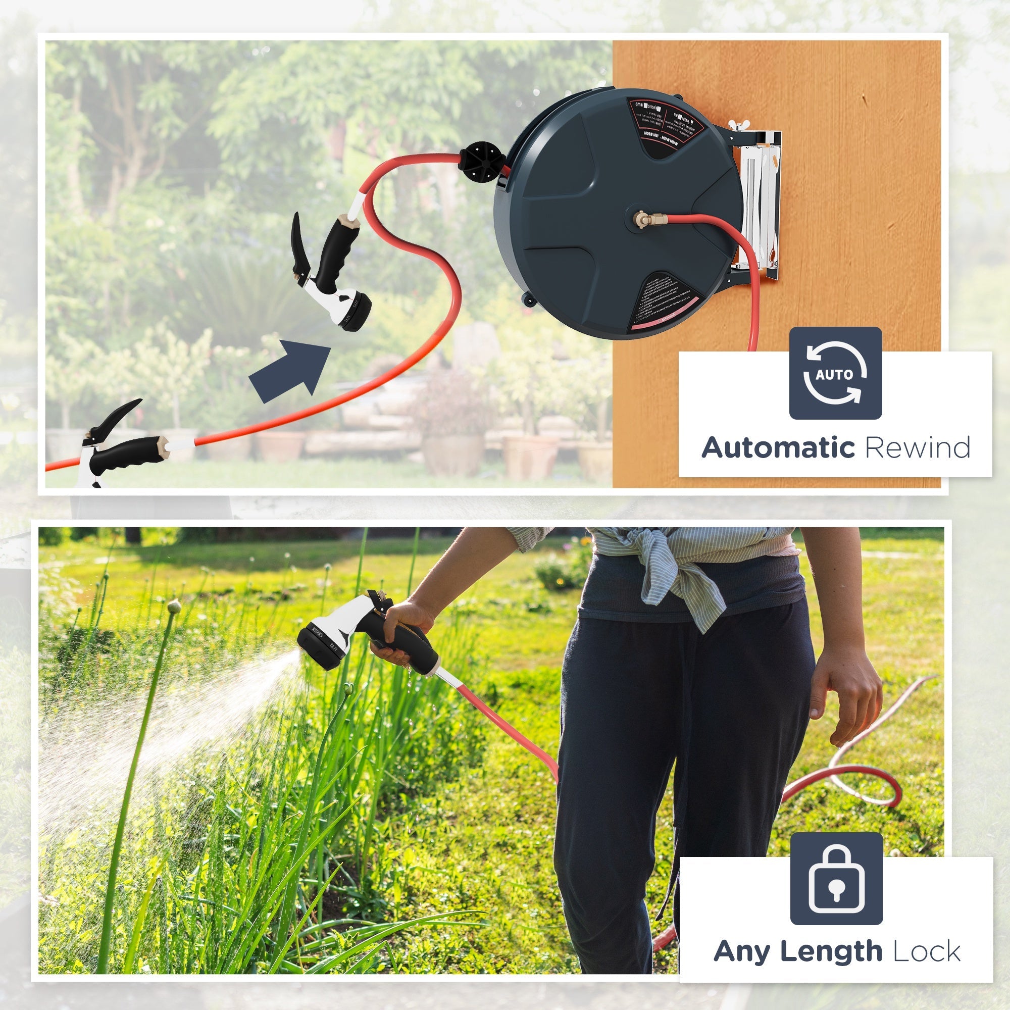 Outsunny 1/2" 49ft Retractable Hose Reel with 8 Pattern Hose Nozzle, Any Length Lock, Auto Rewind System & 180° Swivel Bracket