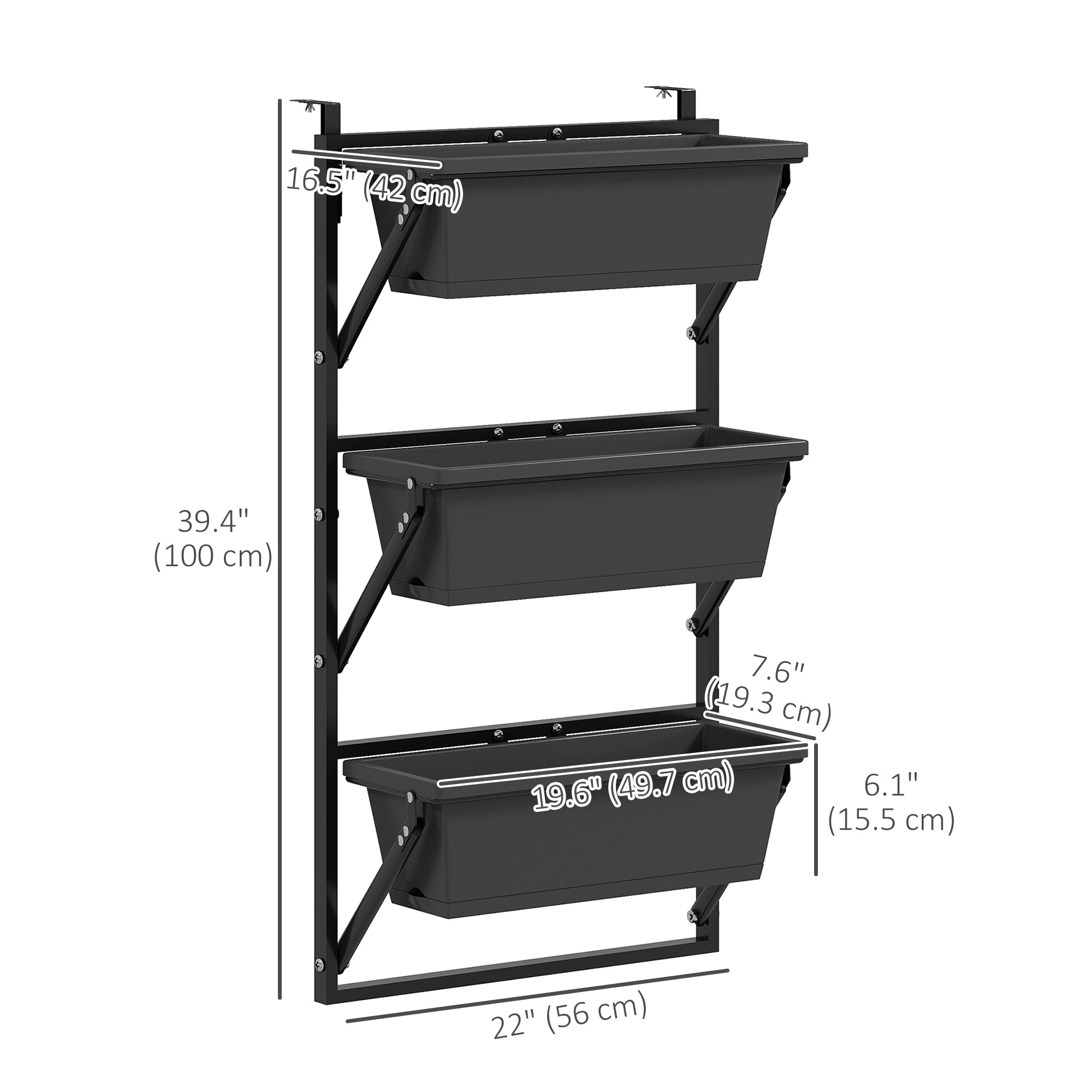 Outsunny 3-Tier Wall-Mounted Planter Box with 3 Pots, Vertical Planters for Outdoor Plants, Dark Grey