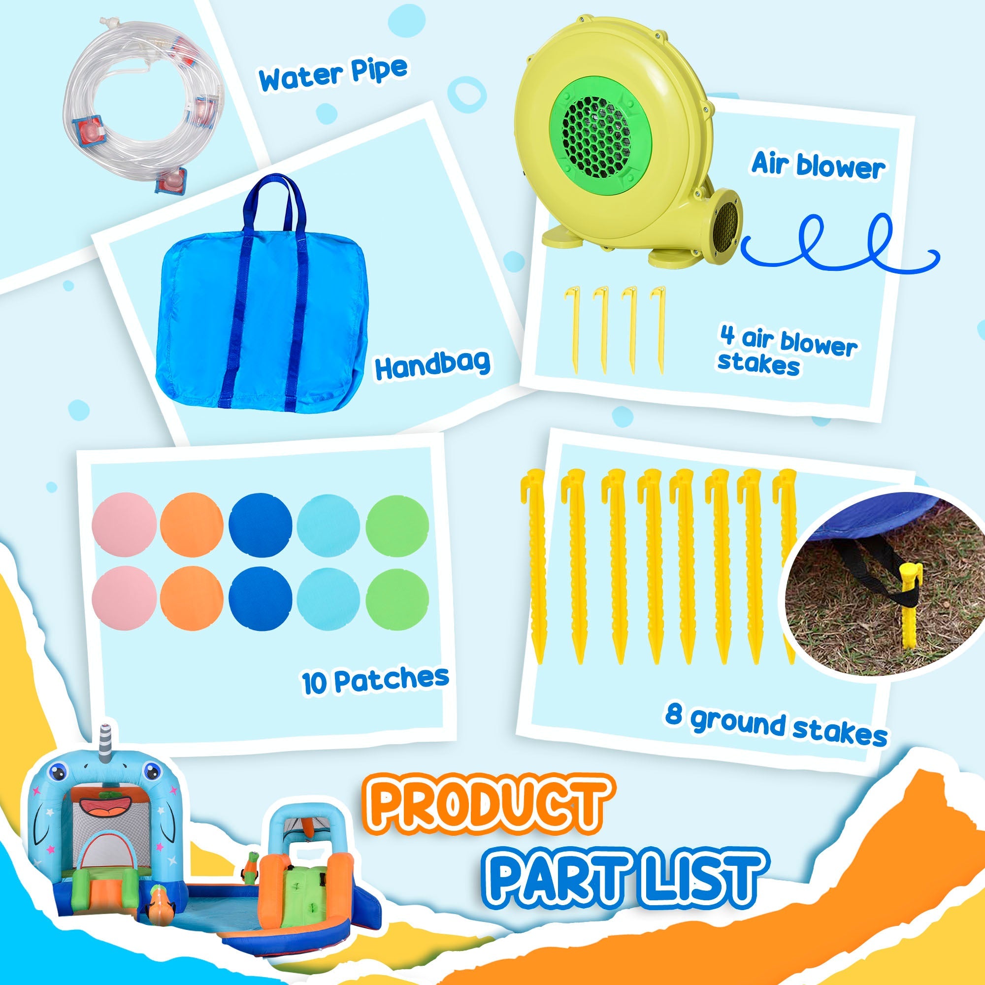 Outsunny Narwhals Style 5-in-1 Inflatable Water Slide Kids Bounce House with Trampoline Climbing Wall Slide Carry Bag