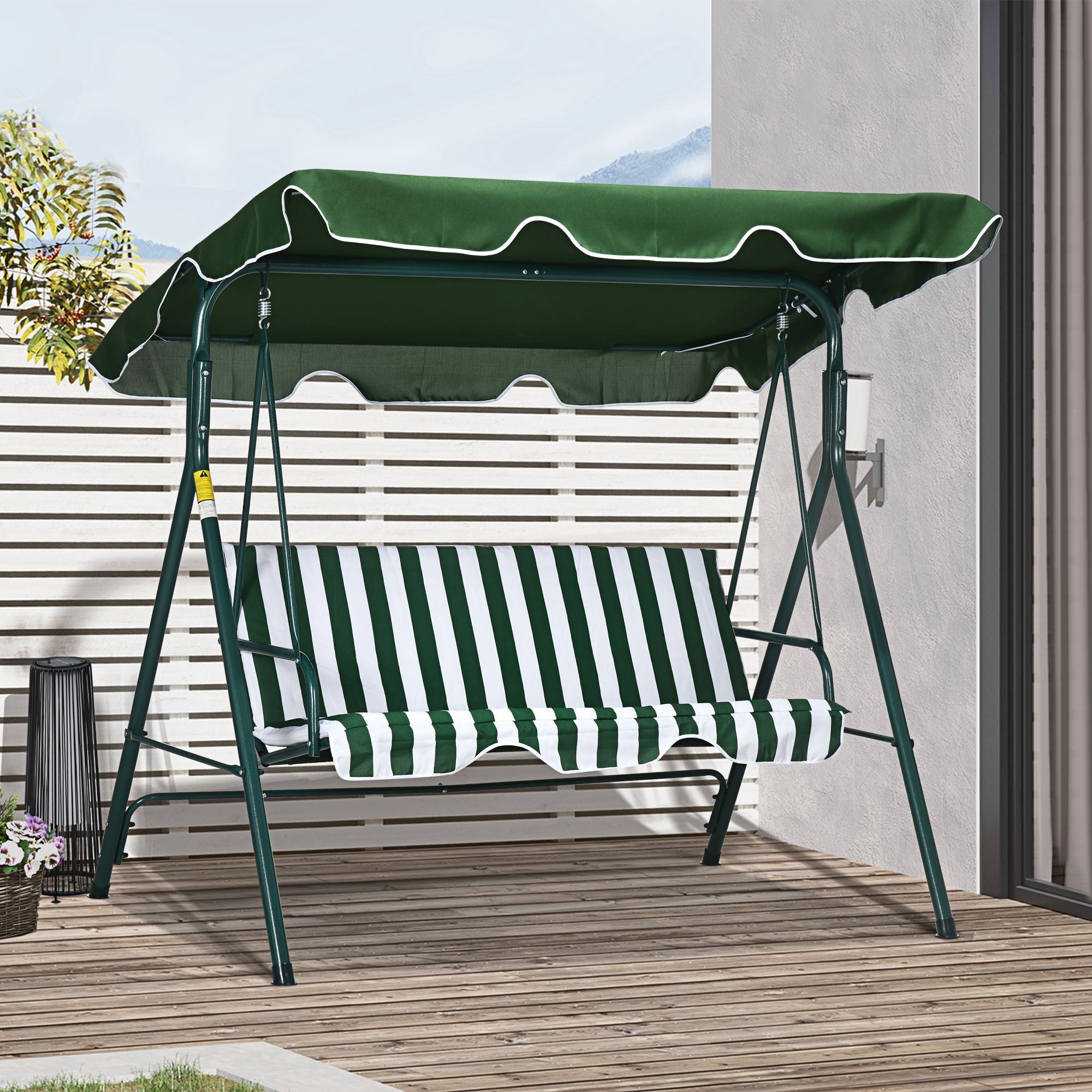 Outsunny 3-Seater Outdoor Porch Swing with Adjustable Canopy Patio Swing Chair for Garden Poolside Backyard Green and White