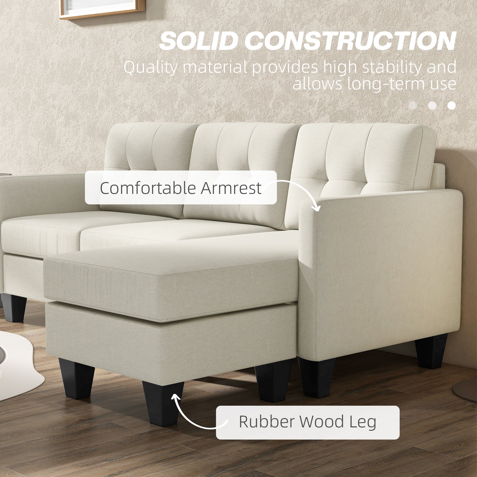 HOMCOM L-shaped Sofa, 3 Seater Sectional Couch with Ottoman, Corner Sofa with Thick Padded Cushion and Wood Legs, Beige