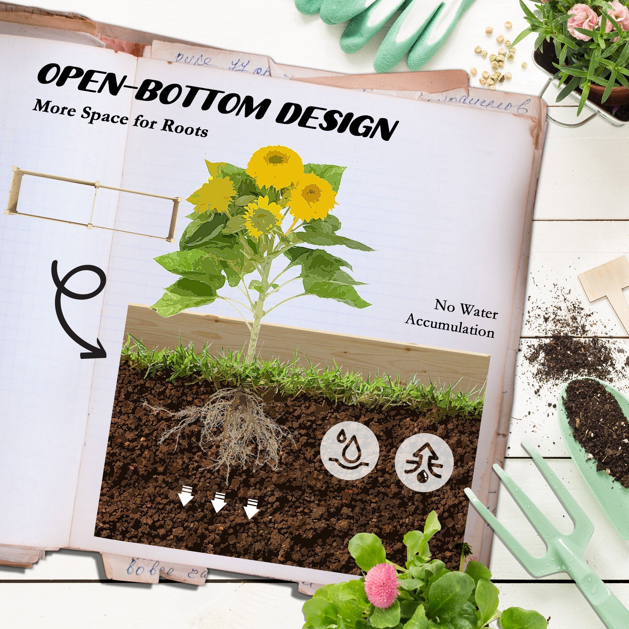 Outsunny DIY Raised Garden Bed Two-Box Wooden Planters Outdoor Patio Backyard Veggies Flowers Herbs Plants Growing Easy Assembly