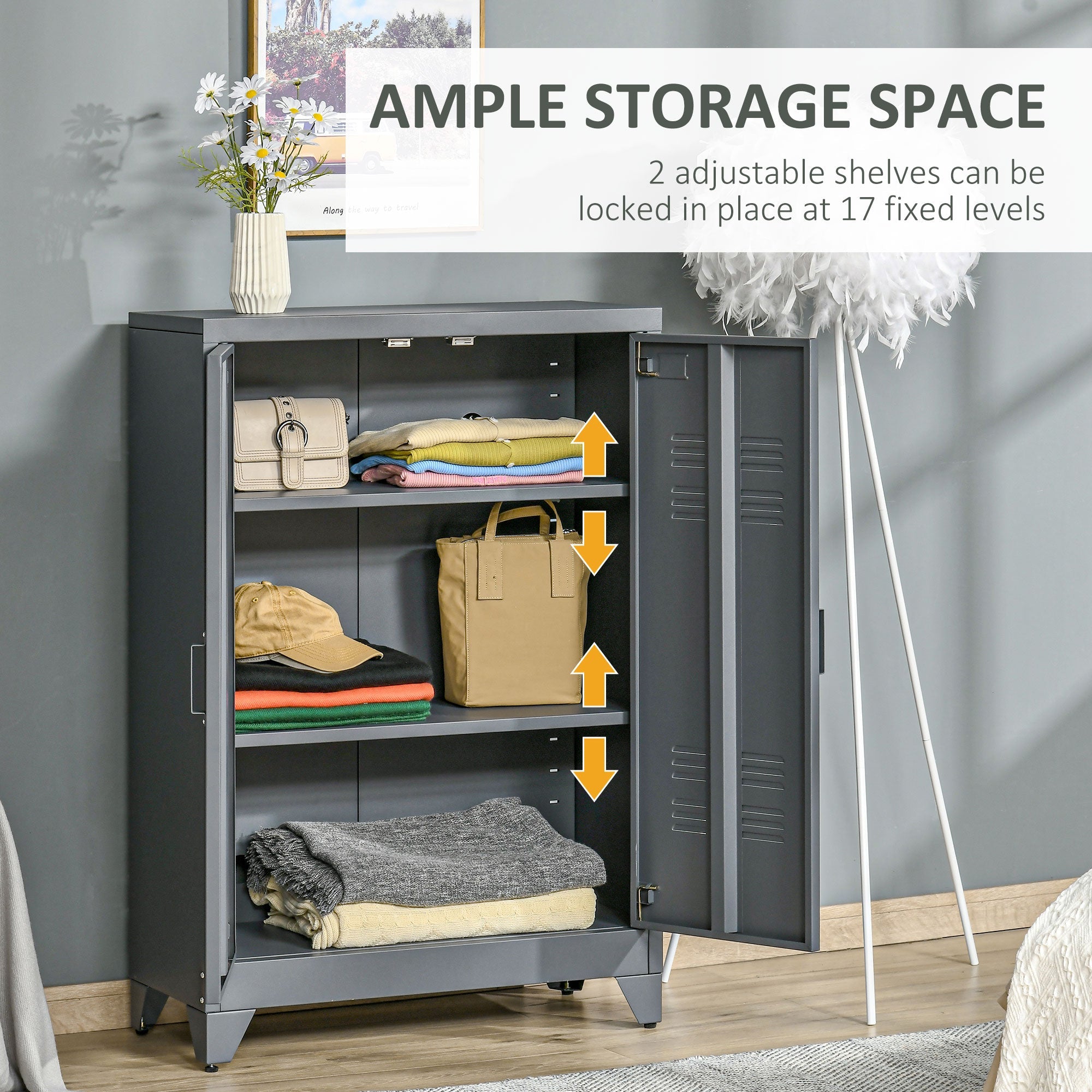 HOMCOM Industrial Chic: Metal Storage Cabinet Grey Sideboard with Louvered Doors, Adjustable Shelves for Versatile Storage