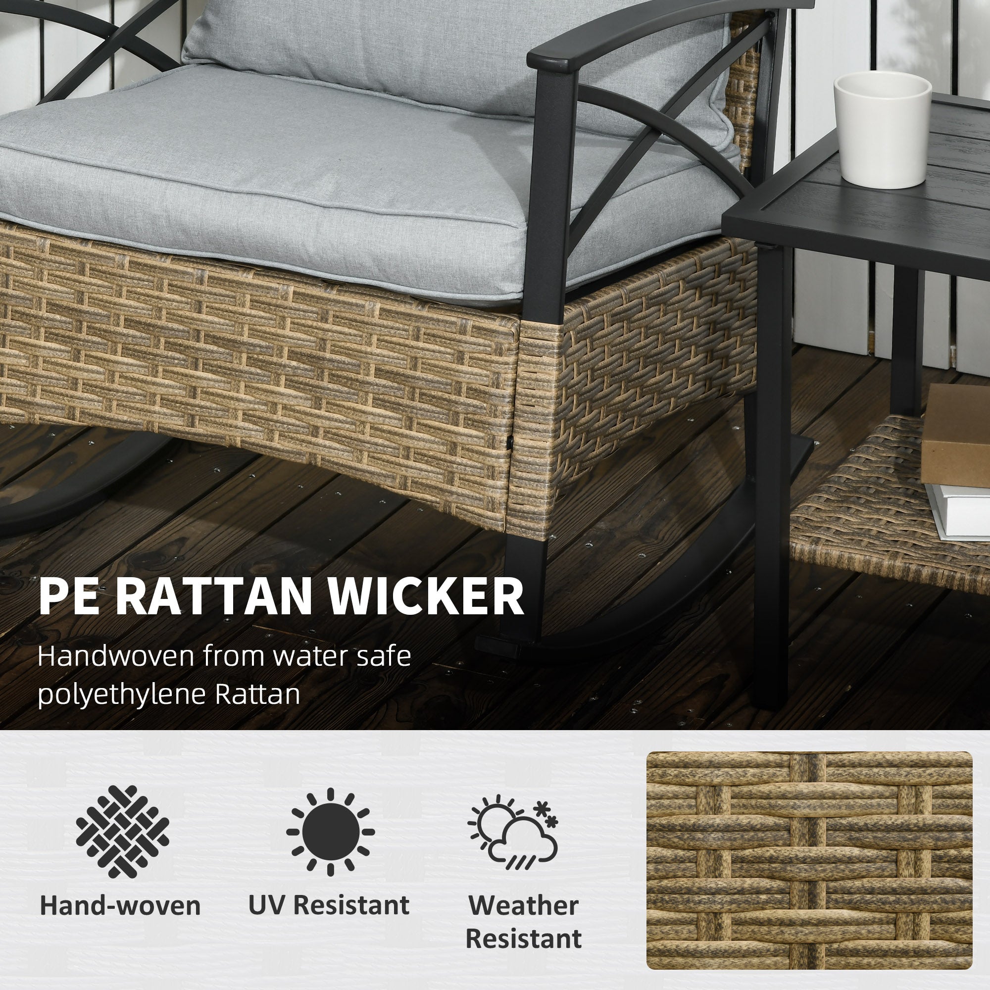 Outsunny Patio Wicker 3 Pieces Rocking Chair Set, PE Rattan Bistro Set with Padded Cushions, Rocker Chairs and Two-tier Iron Plate Top