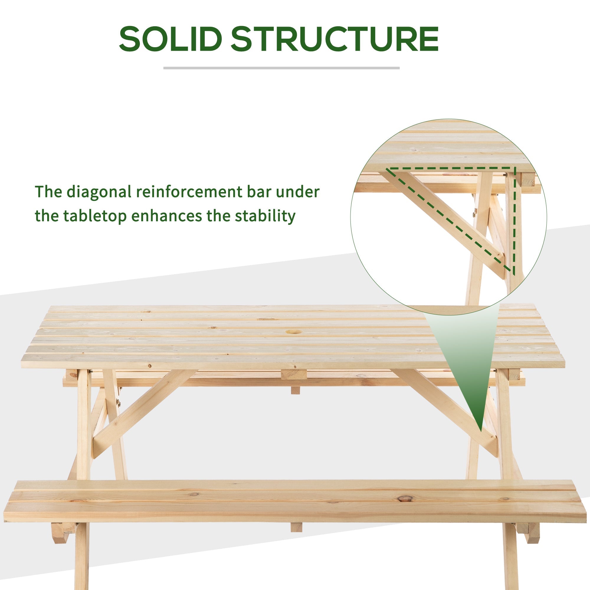 Outsunny Wood Picnic Table, Camping Table and Bench Set with Umbrella Hole for Outdoor, Garden, Patio, Backyard, Natural