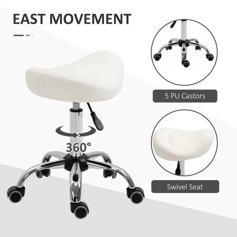 Saddle Stool, Height Adjustable Rolling Salon Chair with PU Leather for Massage, Spa, Clinic, Beauty and Tattoo, White