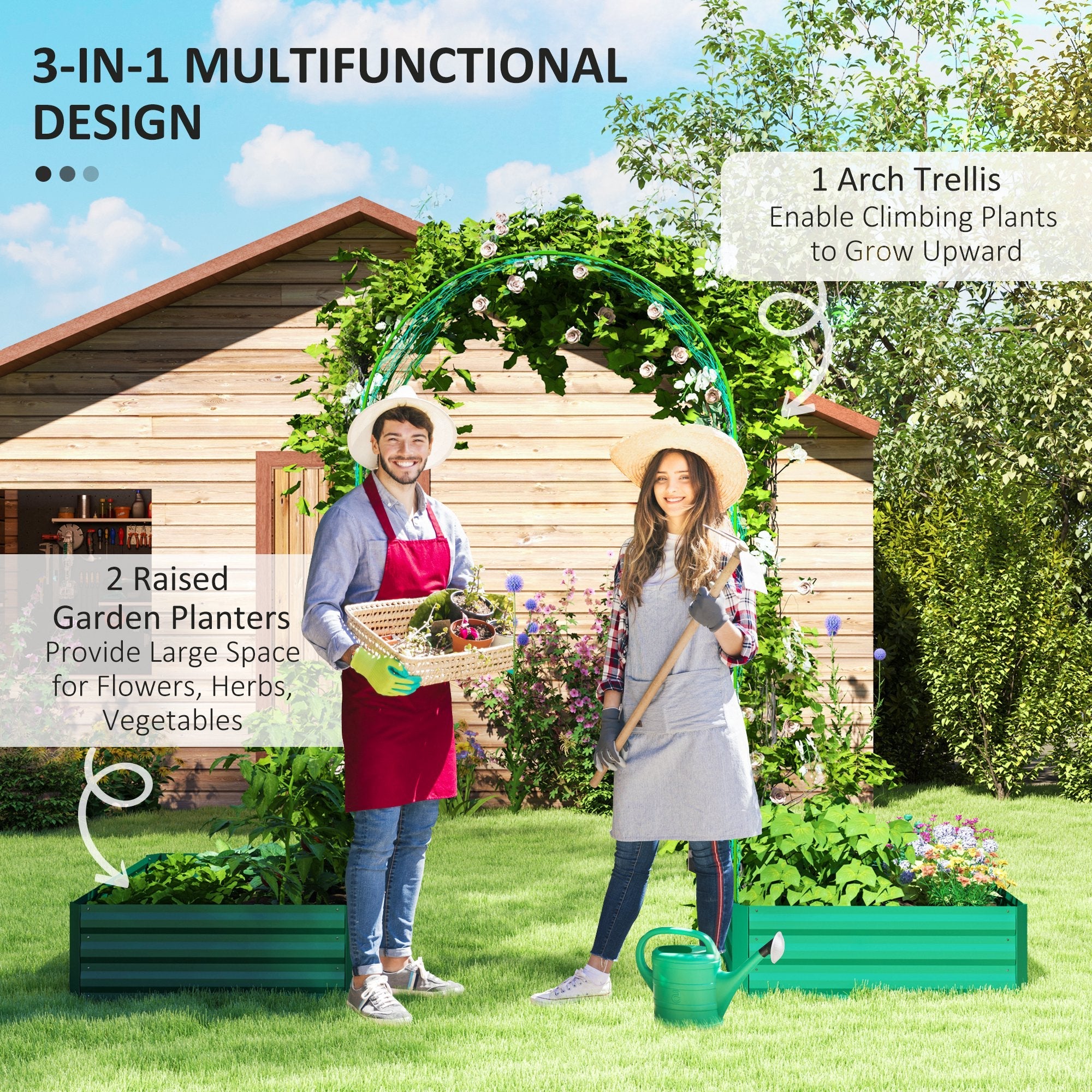 Outsunny Metal Raised Garden Bed with Trellis for Climbing Plants, Galvanized Garden Bed Kit Outdoor Garden Box with Trellis