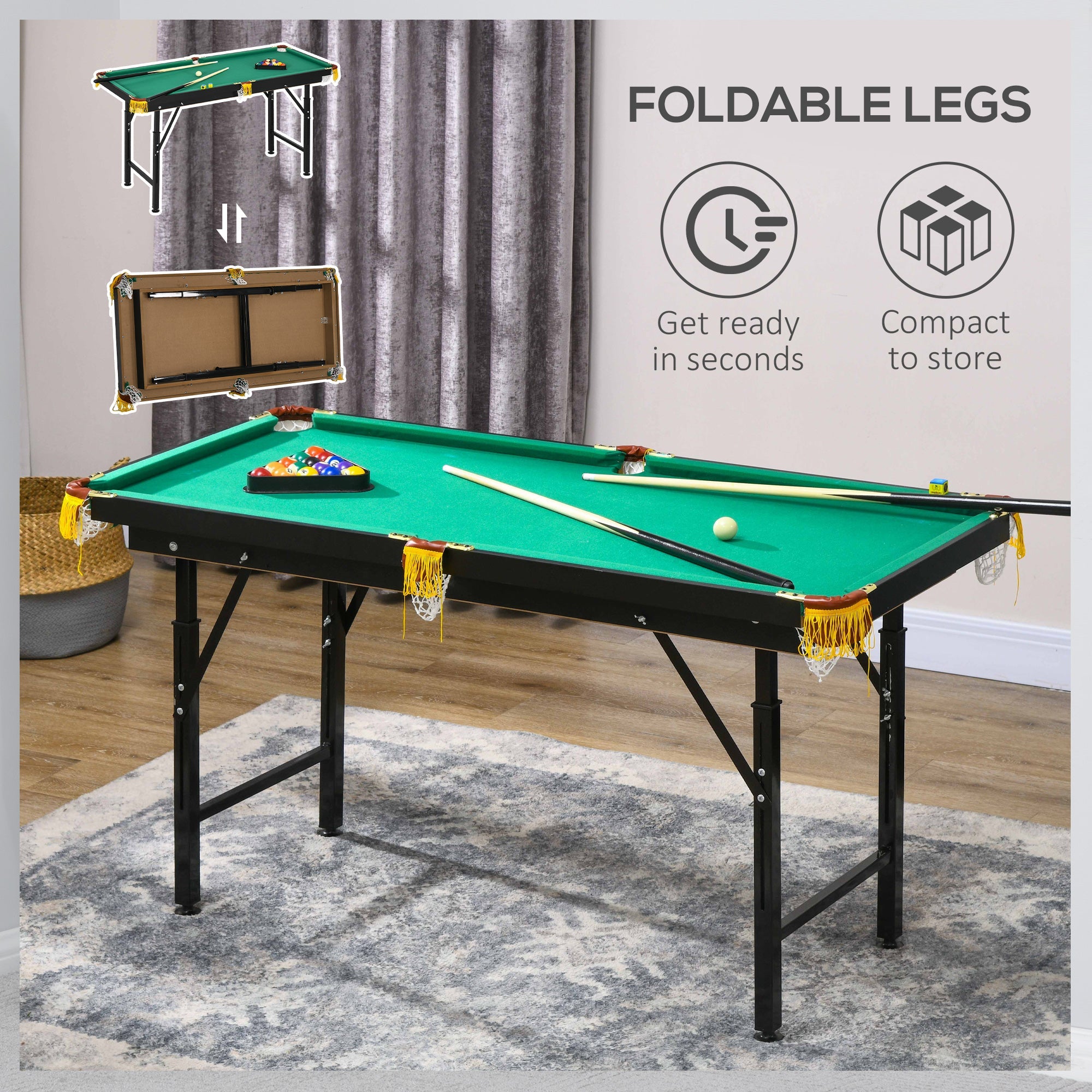 Soozier 55" Pool Table Set Folding Billiard Table with Adjustable Height, 2 Cues, 16 Balls, 2 Chalks, Triangle, Brush, Green