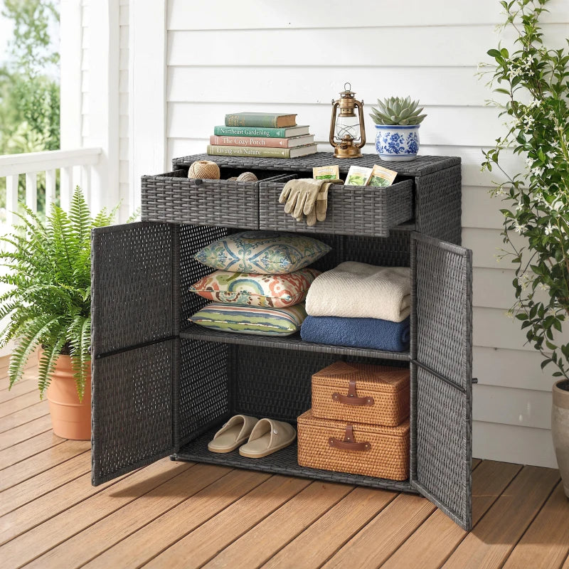 Wicker Outdoor Storage Cabinet with 2 Doors and Drawers, 2-Tier Shelf Rattan Patio Storage Cabinet, Dark Grey