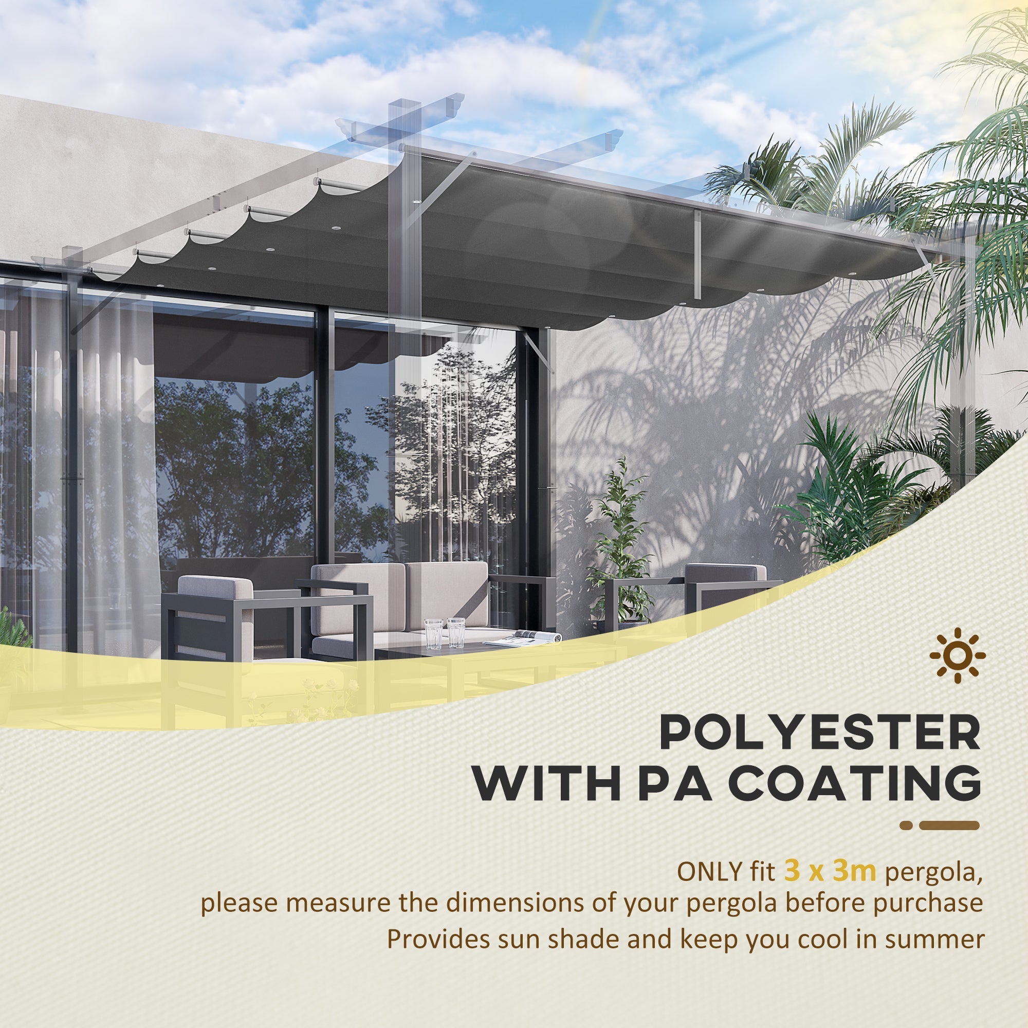 Outsunny Replacement Canopy for 9.8' Square Pergola Retractable Pergola Cover Dark Grey