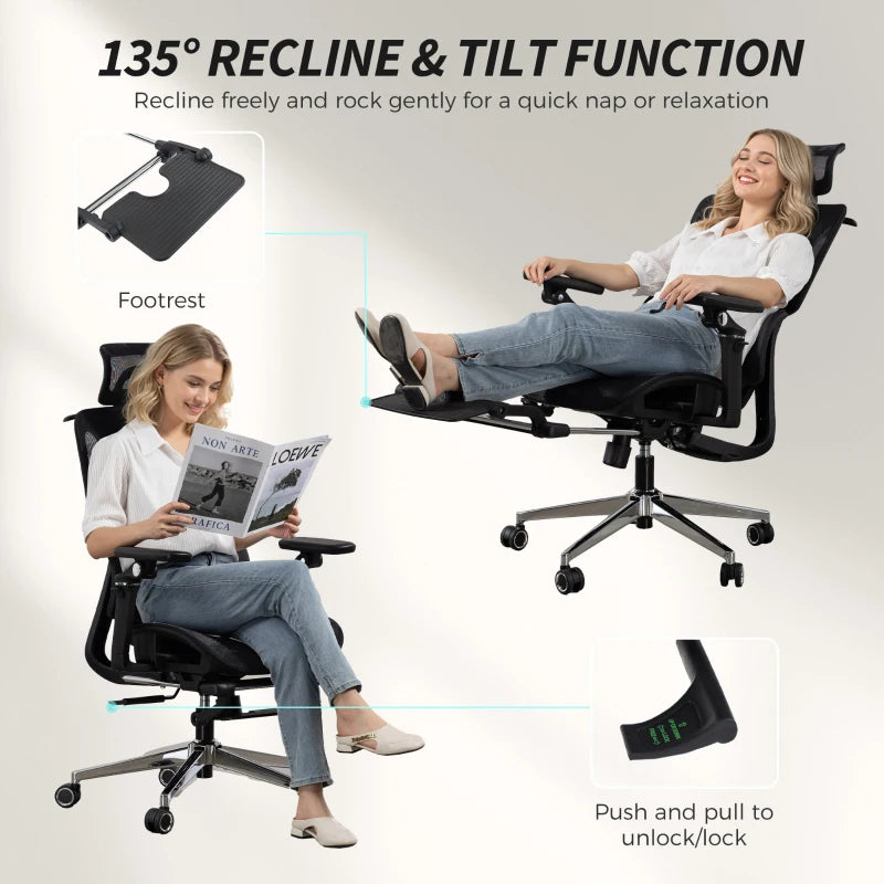 Ergonomic Office Chair, Mesh Computer Chair with High Back, Lumbar Support, 6D Armrests, Headrest, Footrest, Black