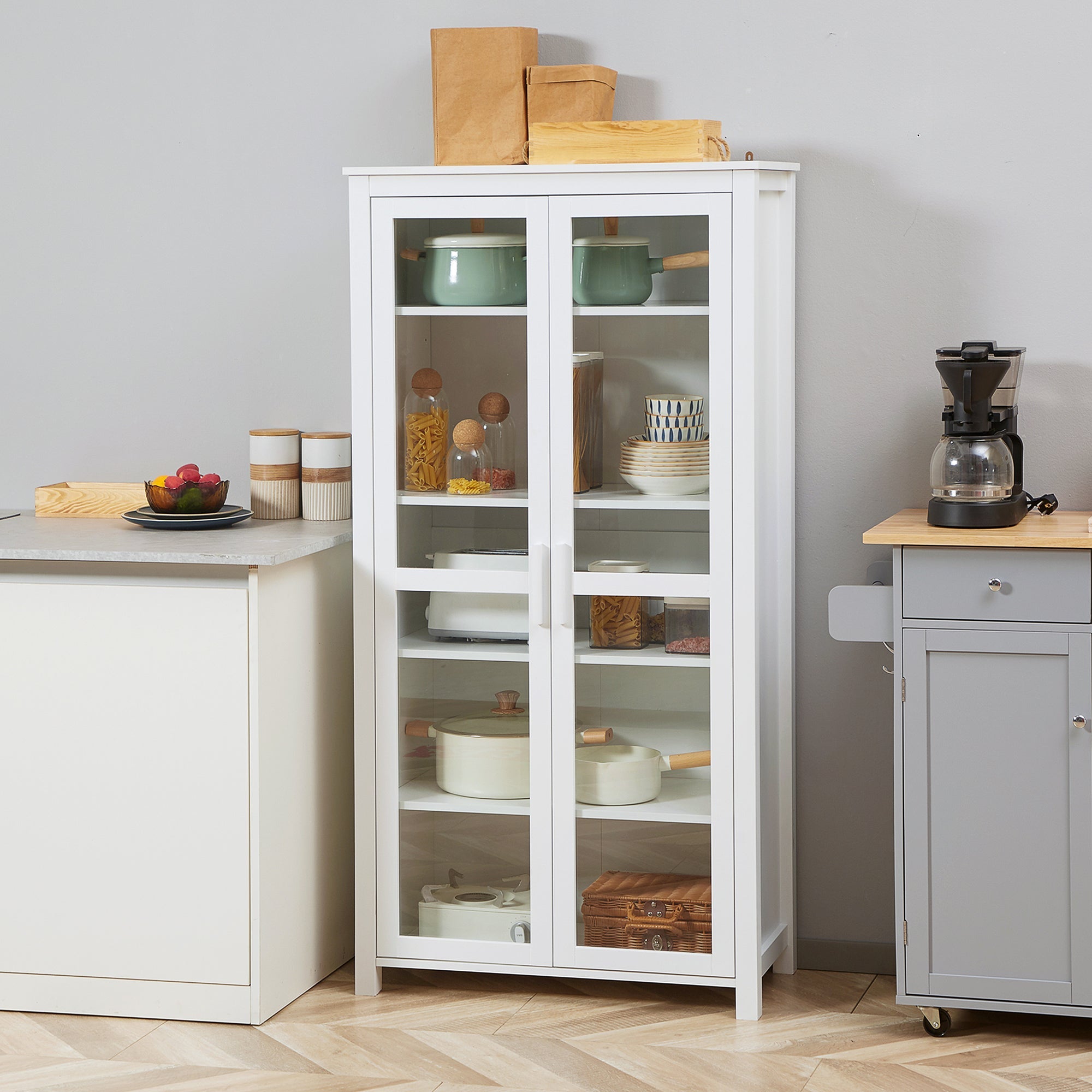 HOMCOM Tall Glass Door Pantry: 5-Tier Kitchen Storage Cabinet with Adjustable Shelves for Dining Room Organization