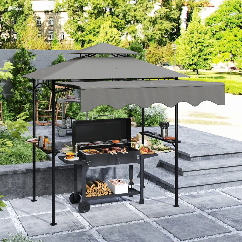 8' x 7.6' Grill Gazebo, Double Tiered Barbecue Grill Gazebo Shelter w/ Side Awning, 2 Side Shelves, 6 Hooks, Light Grey