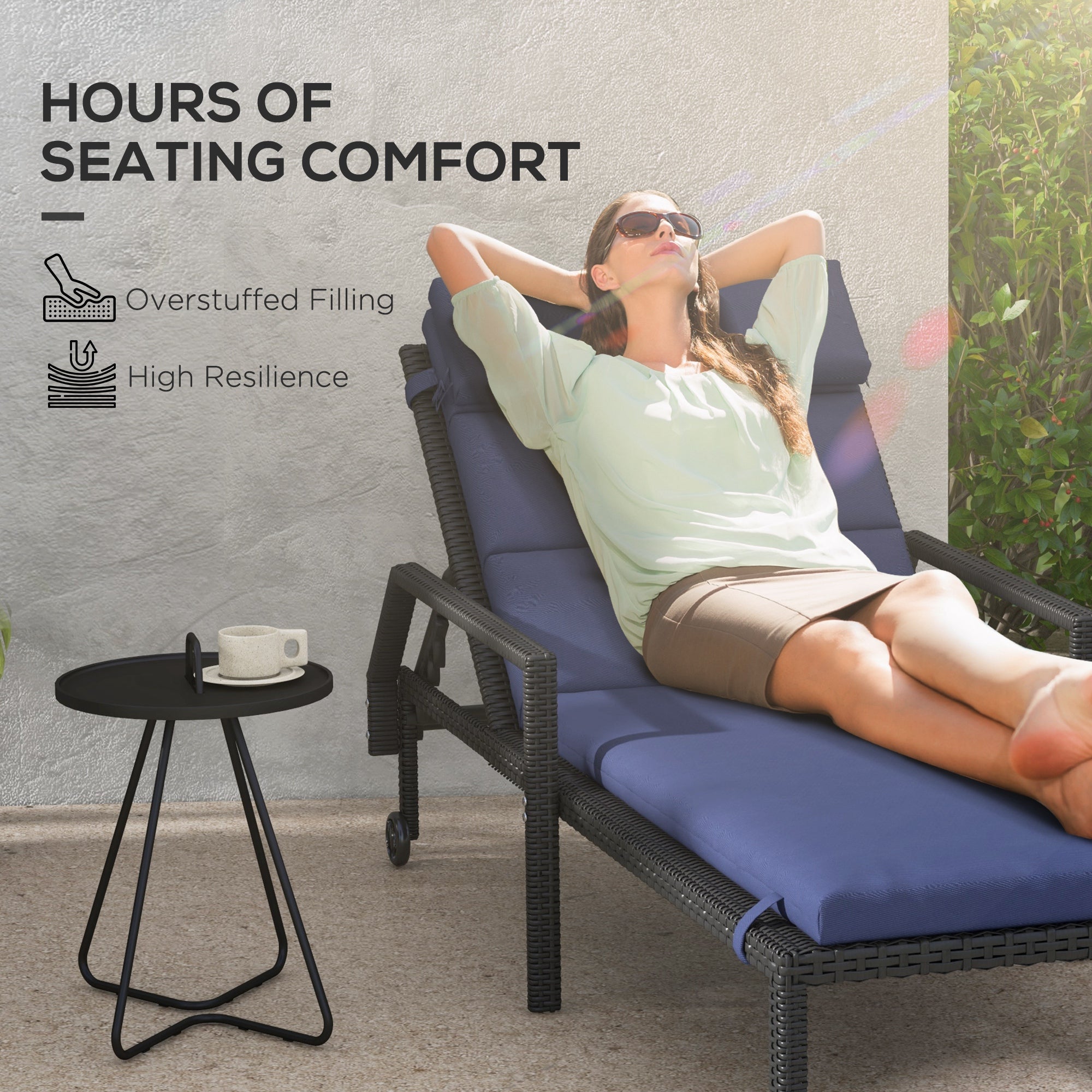 Outsunny Dark Blue Chaise Lounge Chair Cushion with Headrest and Ties for Sun Lounger Comfort Replacement