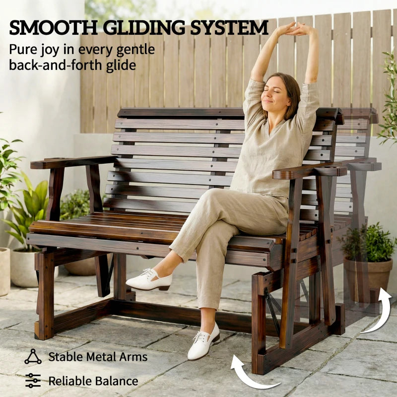 Outdoor Glider Bench, Wooden Glider Chair with 2 Cupholders, Slatted Seat and Armrests, Patio Swing Rocking Loveseat